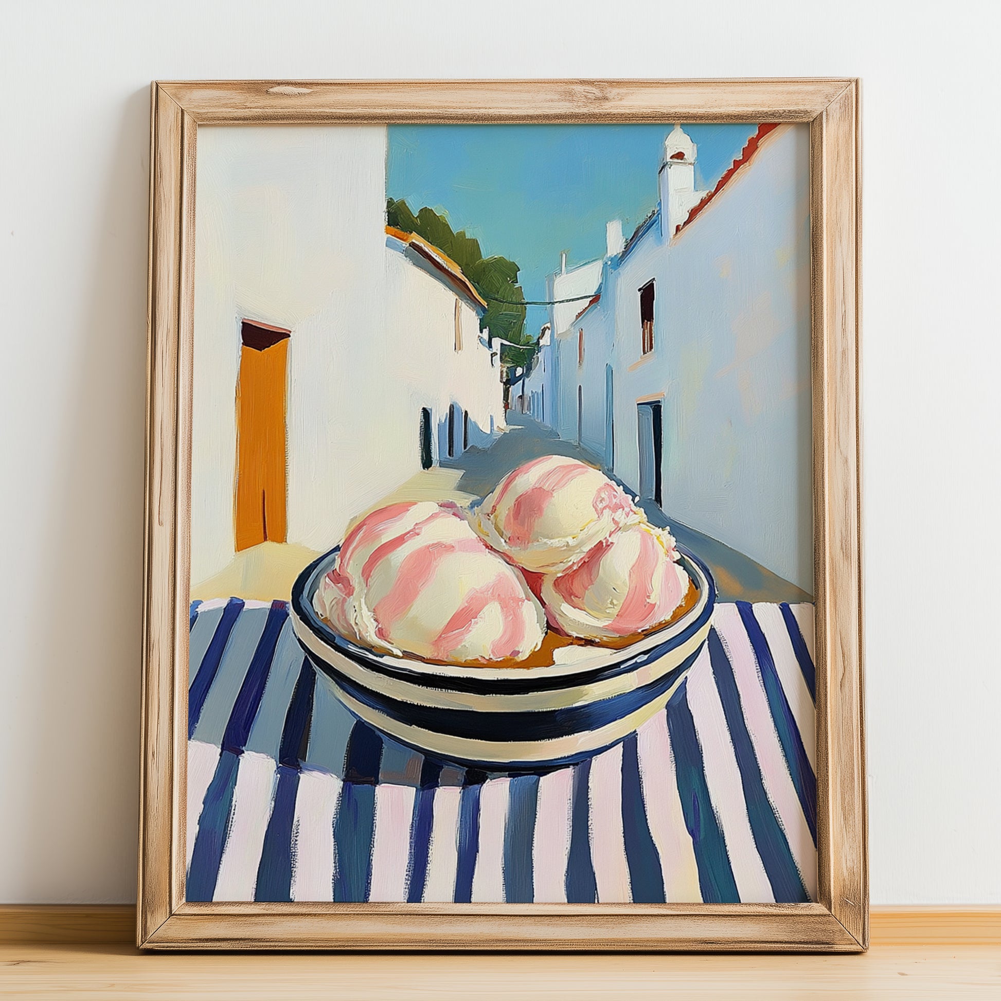 Ice Cream – White village Café on the Corner, American Ice Cream Wall Decor, no-text version framed in wood