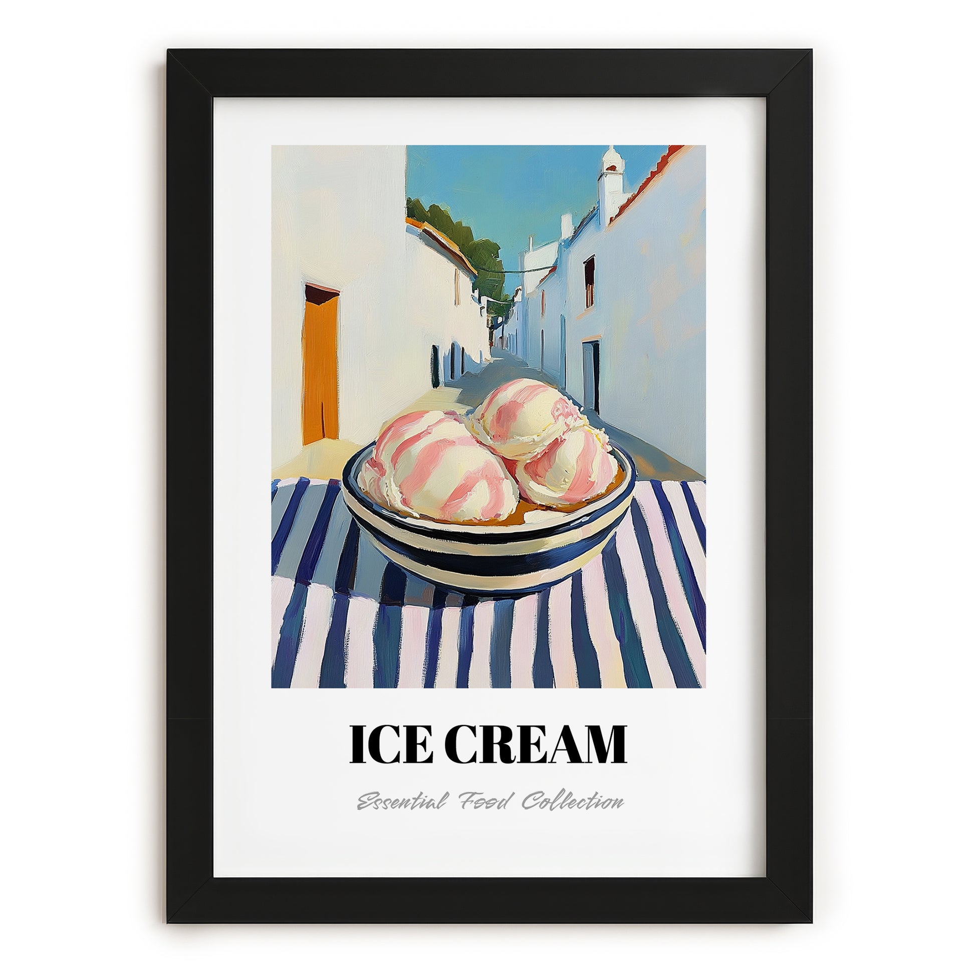 Ice Cream – White village Café on the Corner, American Ice Cream Wall Decor, in sleek black frame