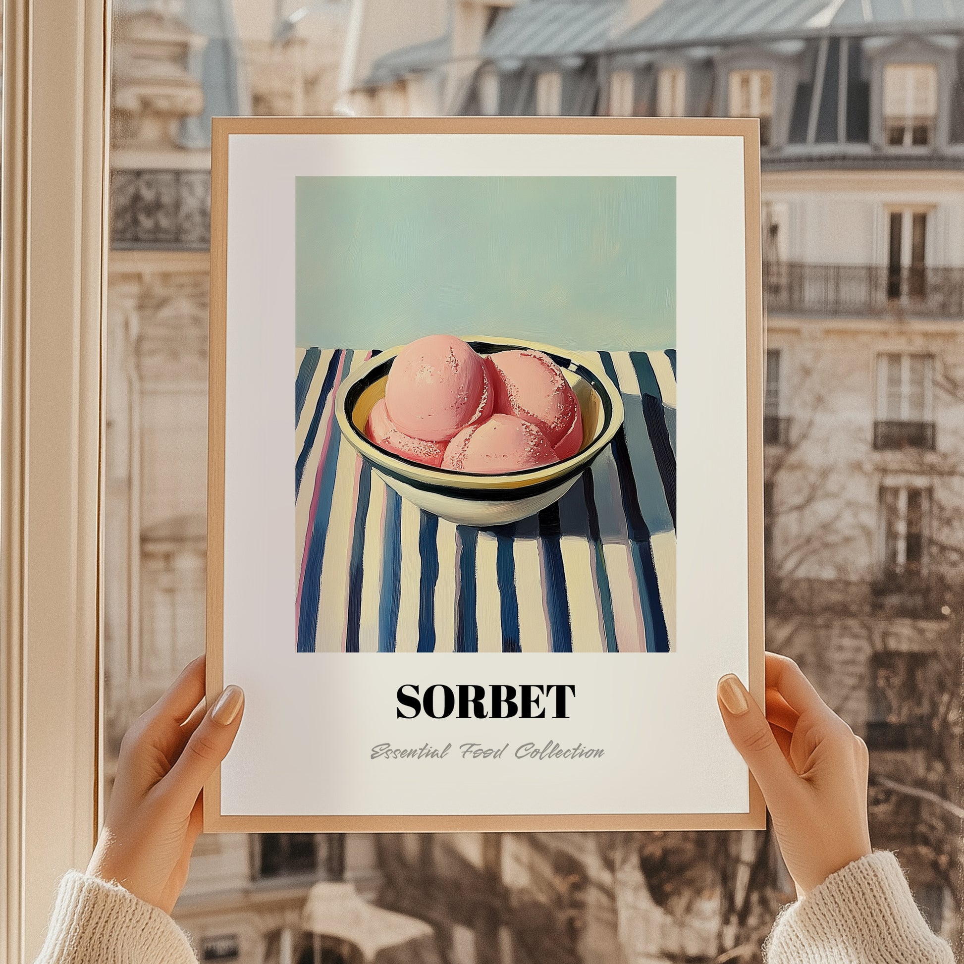 Sorbet – on Striped Tablecloth, French Ice Cream Painting, styled in a charming Paris street view