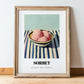 Sorbet – on Striped Tablecloth, French Ice Cream Painting, in wooden frame leaning on the floor