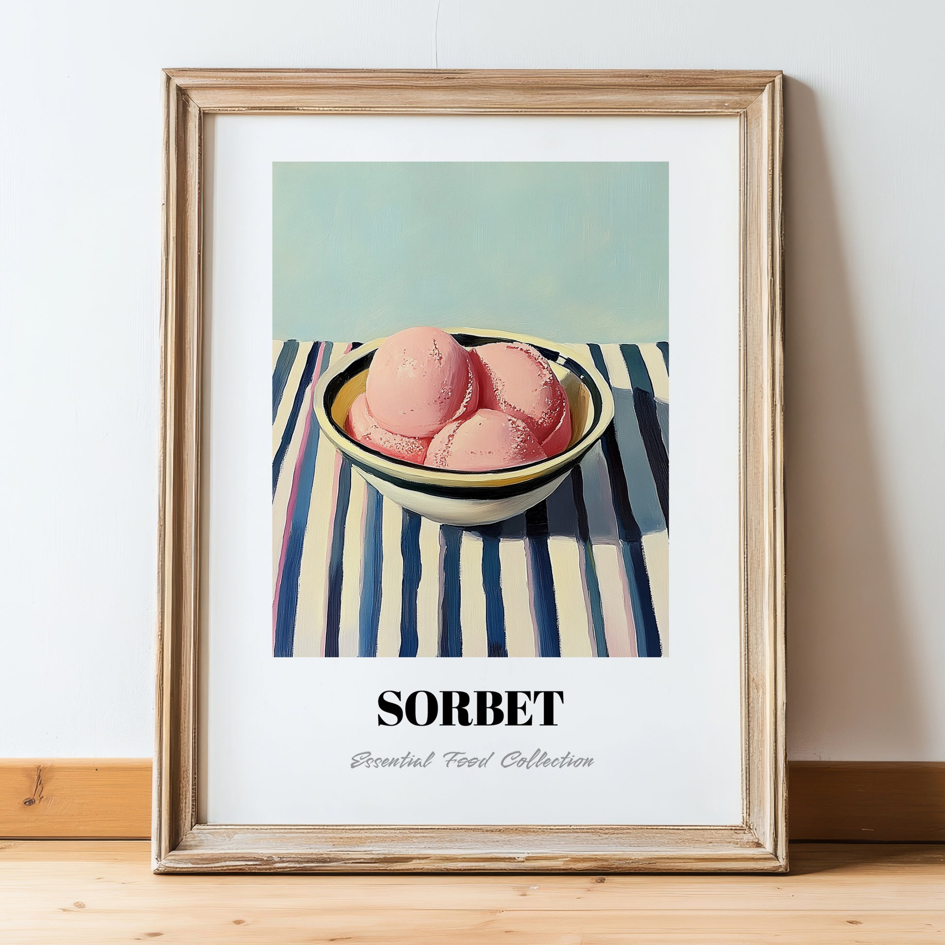 Sorbet – on Striped Tablecloth, French Ice Cream Painting, in wooden frame leaning on the floor