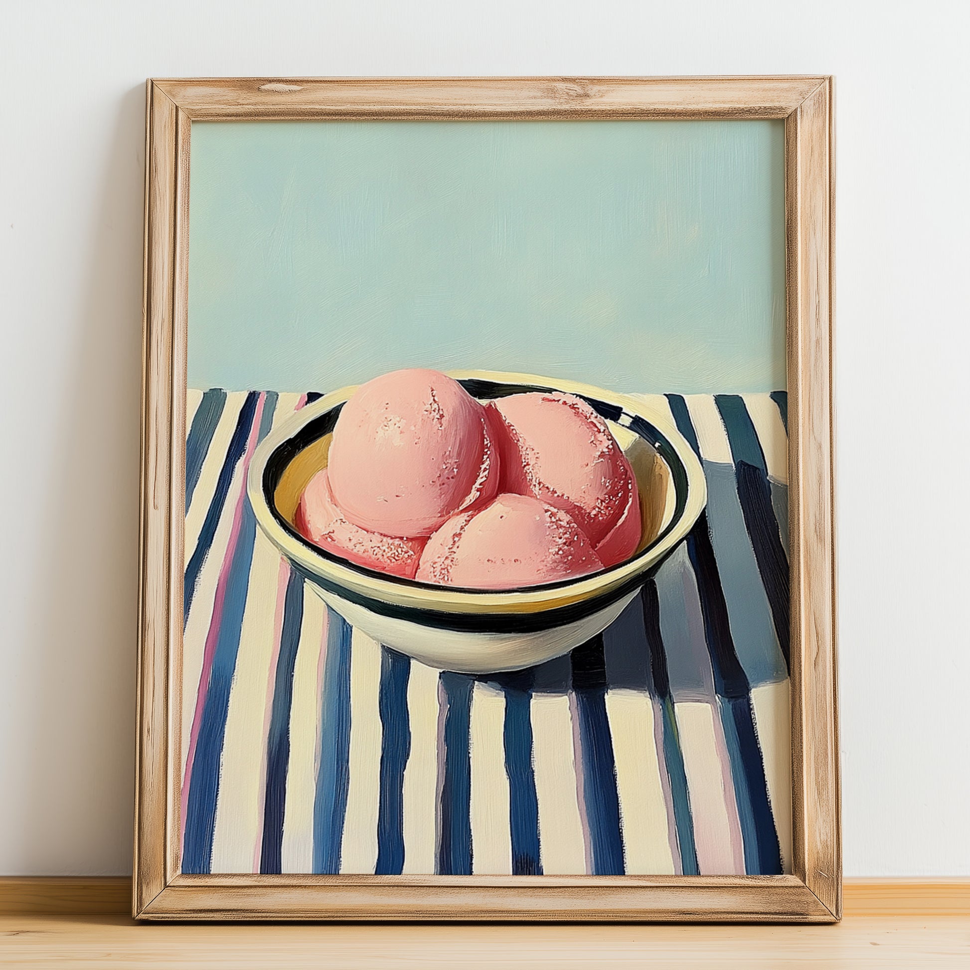 Sorbet – on Striped Tablecloth, French Ice Cream Painting, no-text version framed in wood