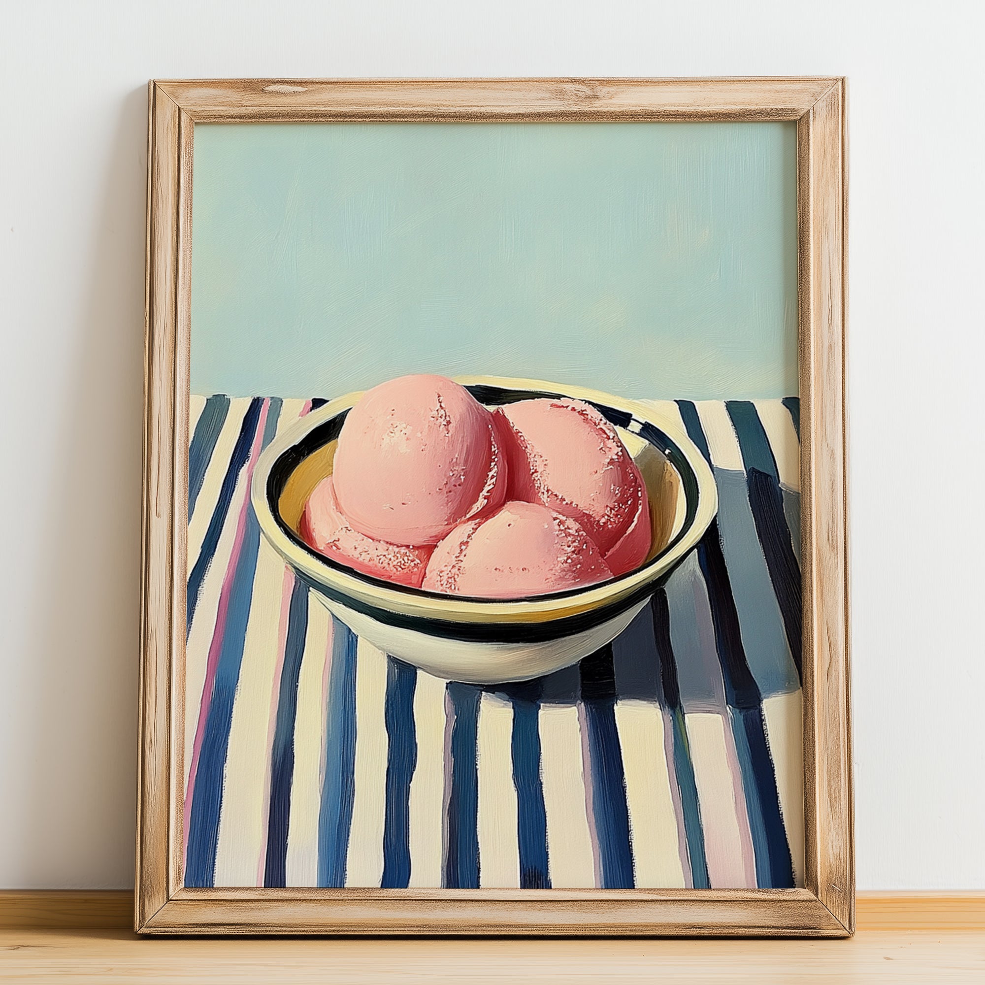 Sorbet – on Striped Tablecloth, French Ice Cream Painting, no-text version framed in wood