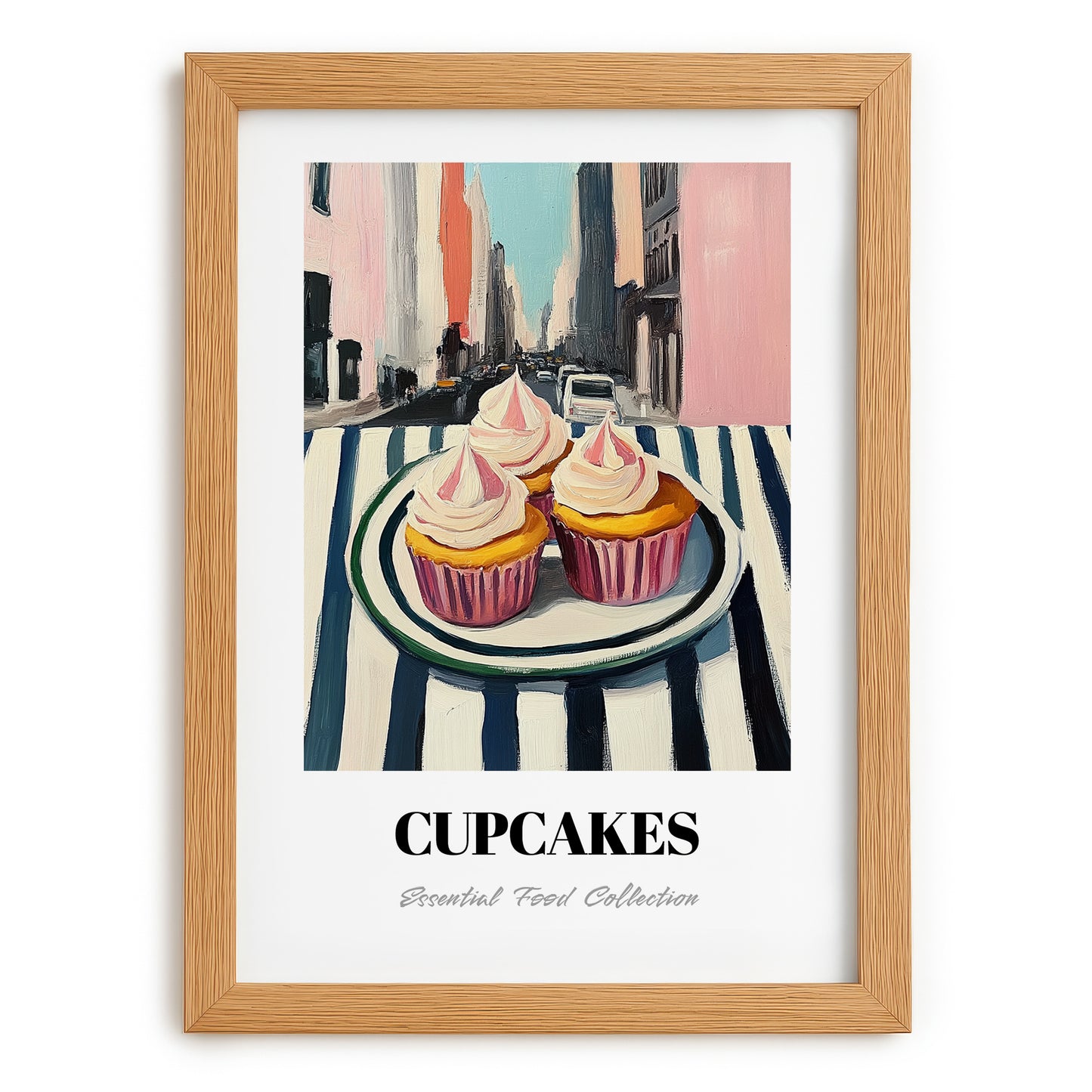 Cupcakes – New York Outdoor Café Scene, American Dessert Still Life, set in oak frame