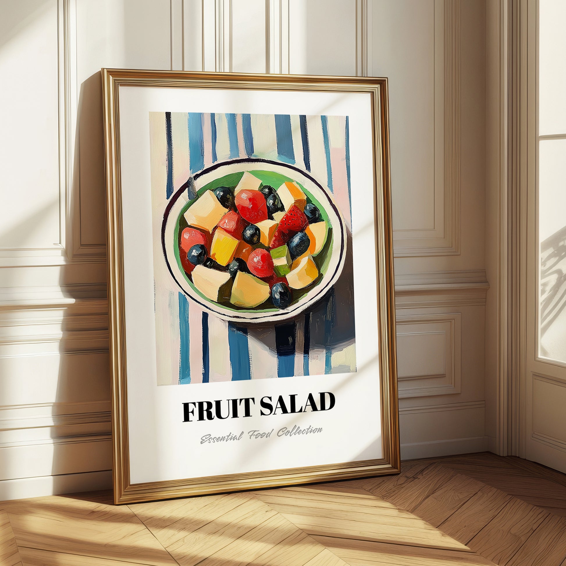 Fruit Salad – on Striped Tablecloth, American Food Still Life