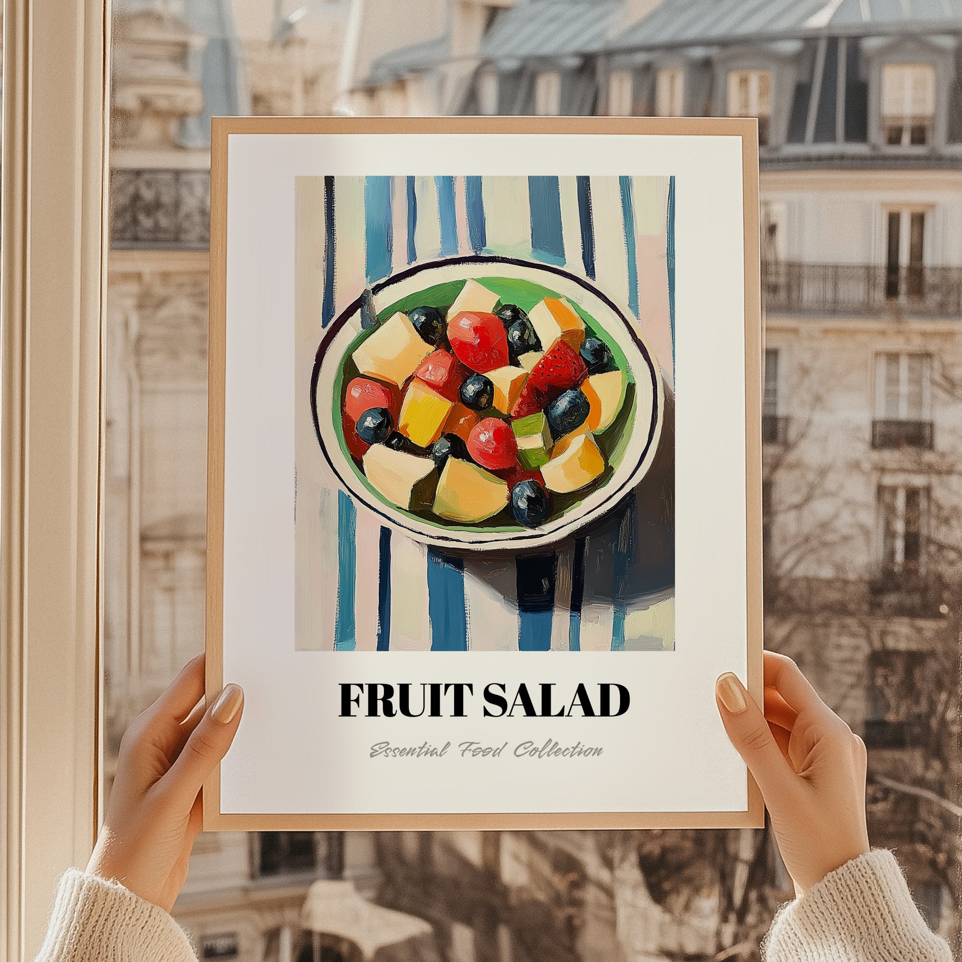 Fruit Salad – on Striped Tablecloth, American Food Still Life, styled in a charming Paris street view