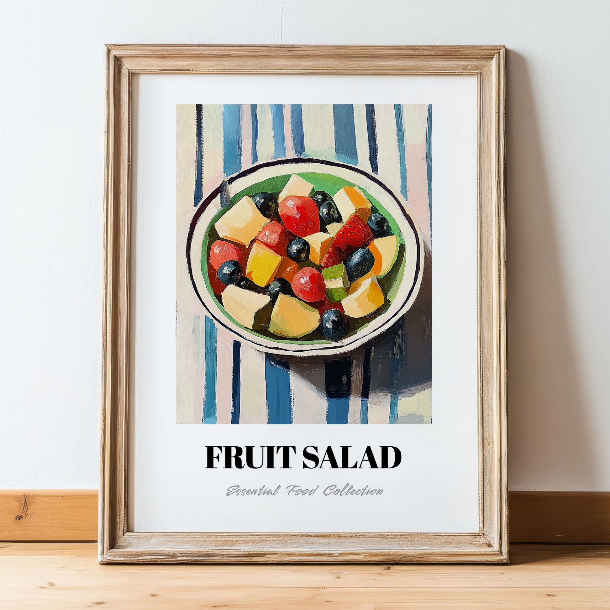 Fruit Salad – on Striped Tablecloth, American Food Still Life, in wooden frame leaning on the floor