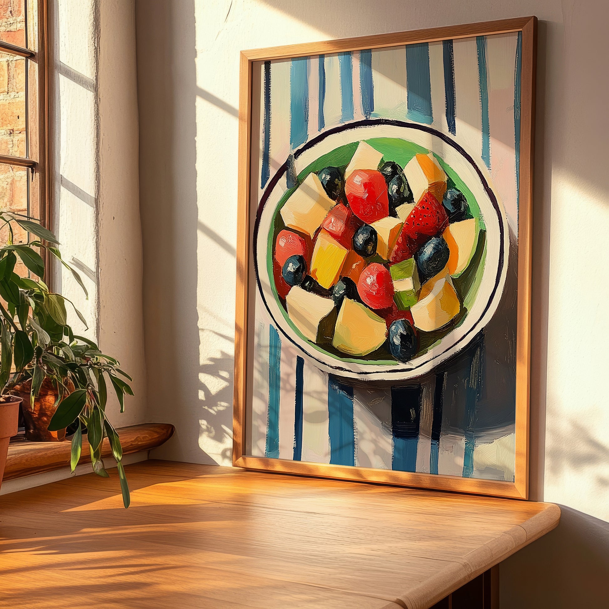 Fruit Salad – on Striped Tablecloth, American Food Still Life, clean layout with no caption