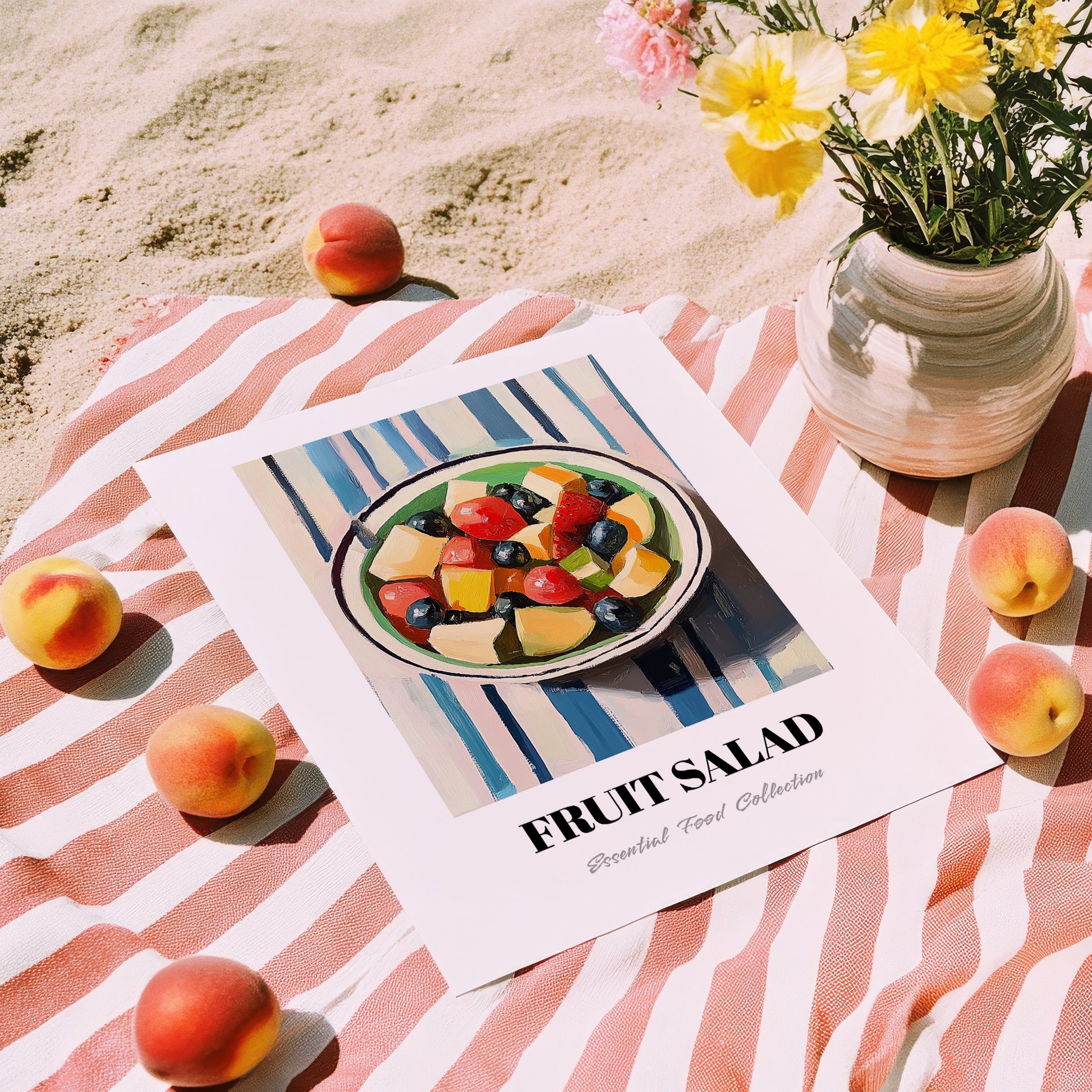 Fruit Salad – on Striped Tablecloth, American Food Still Life, unframed on coastal sand