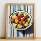 Fruit Salad – on Striped Tablecloth, American Food Still Life, no-text version framed in wood