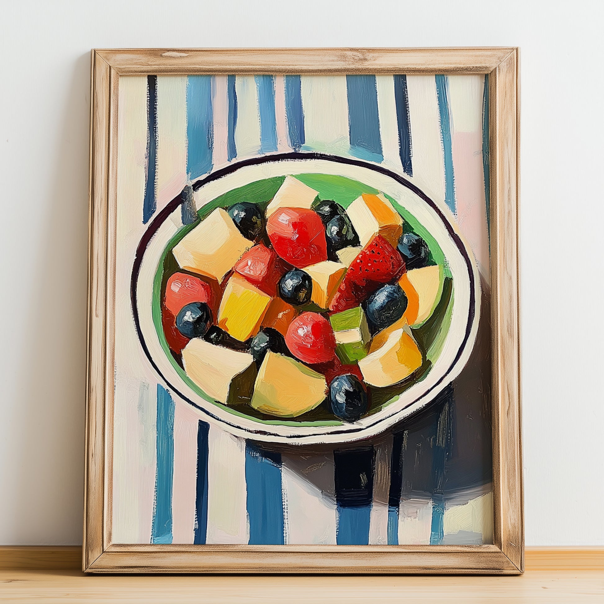Fruit Salad – on Striped Tablecloth, American Food Still Life, no-text version framed in wood