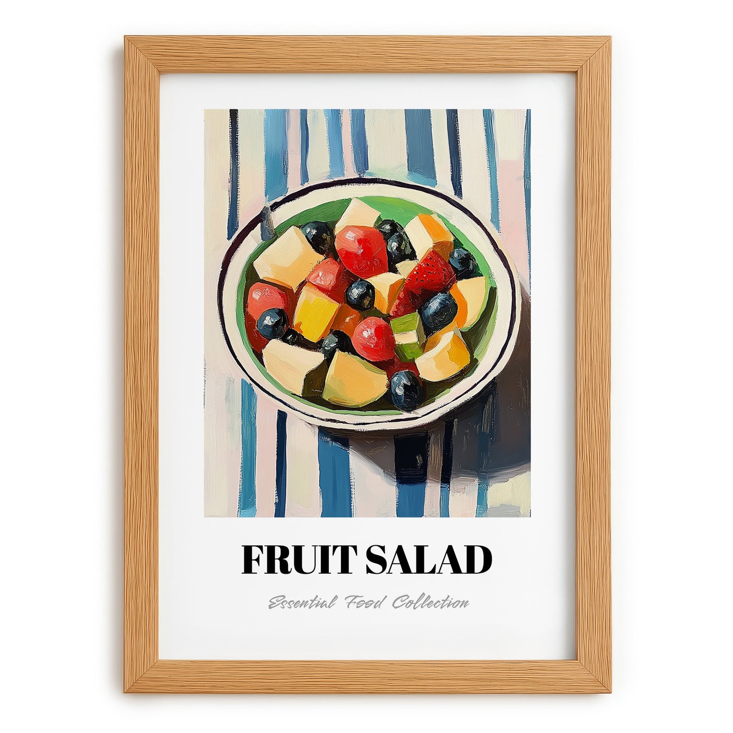 Fruit Salad – on Striped Tablecloth, American Food Still Life, set in oak frame