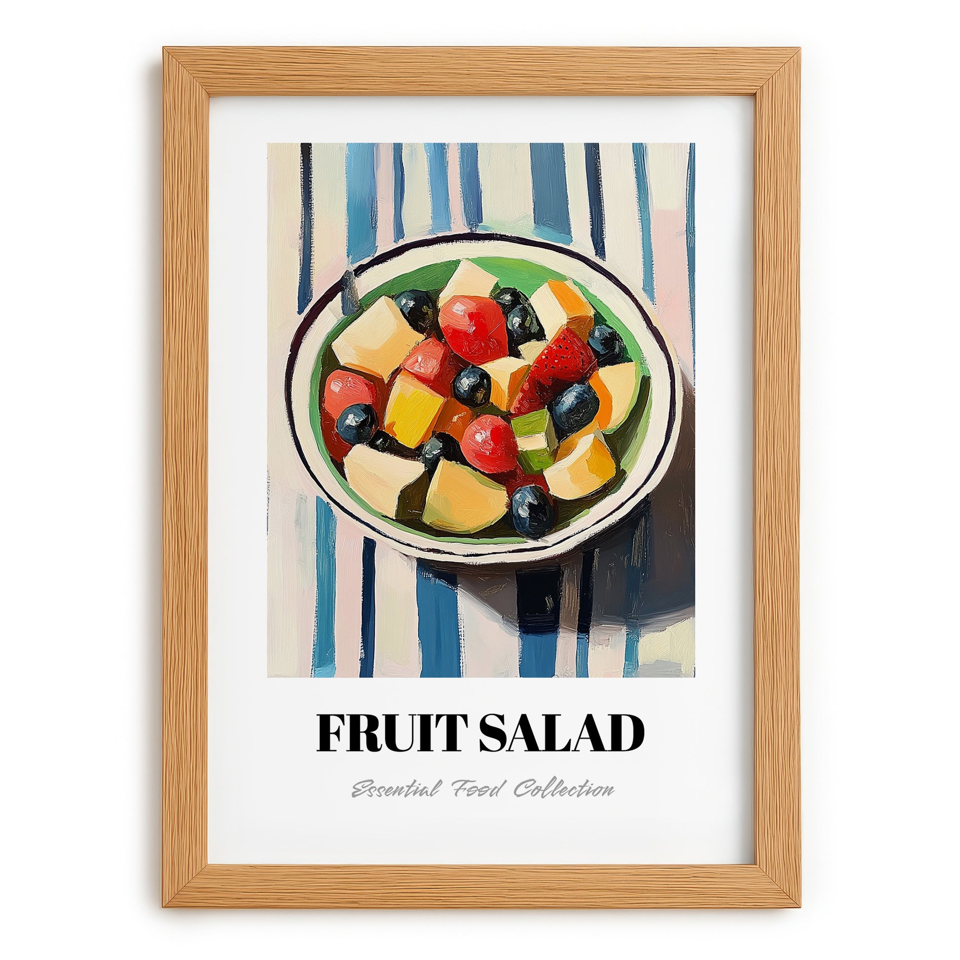 Fruit Salad – on Striped Tablecloth, American Food Still Life, set in oak frame