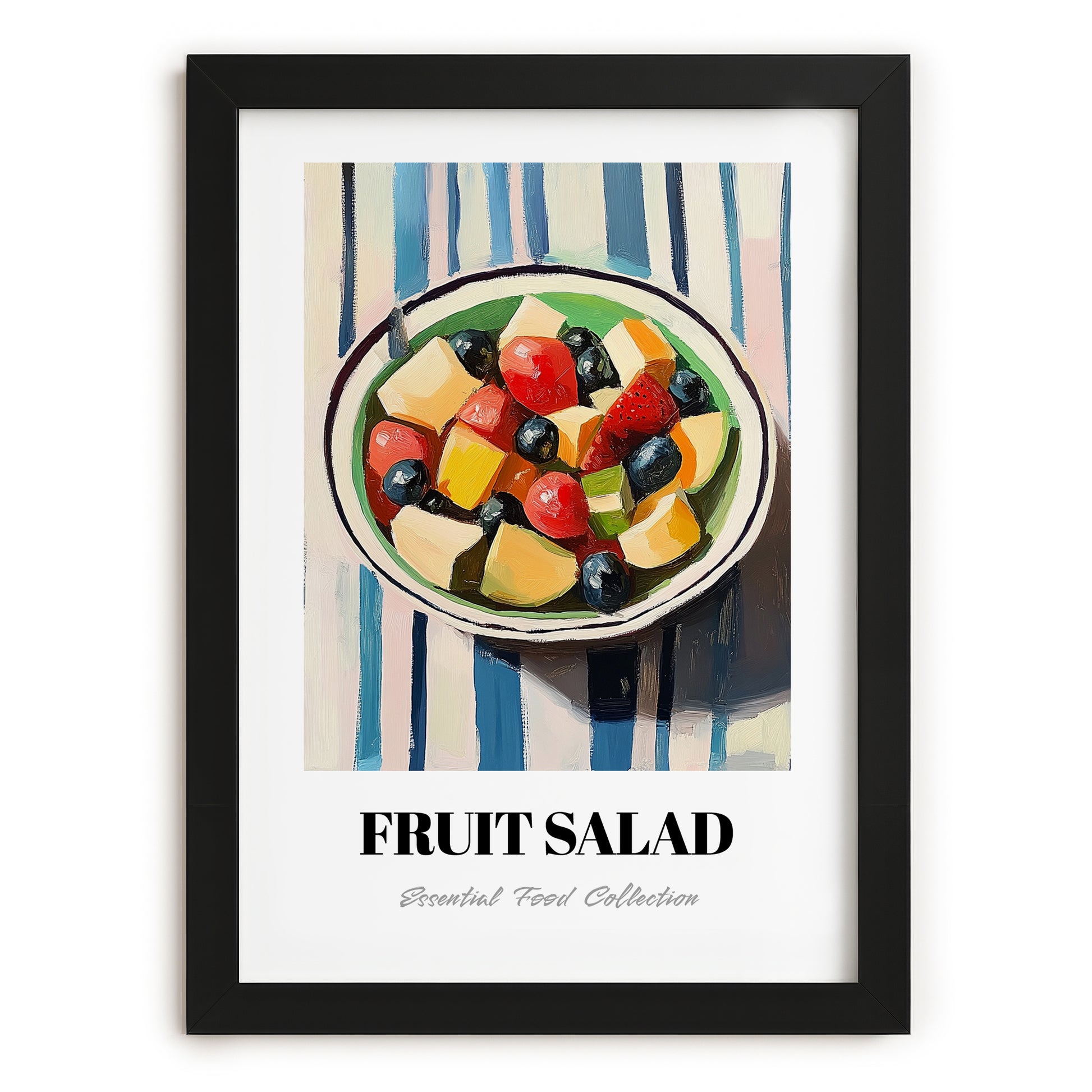 Fruit Salad – on Striped Tablecloth, American Food Still Life, in sleek black frame