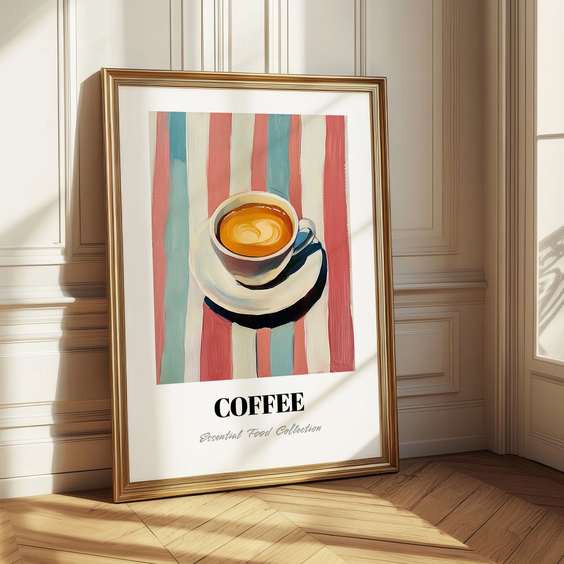 Coffee – on Striped Tablecloth, Italian Drink Still Life 