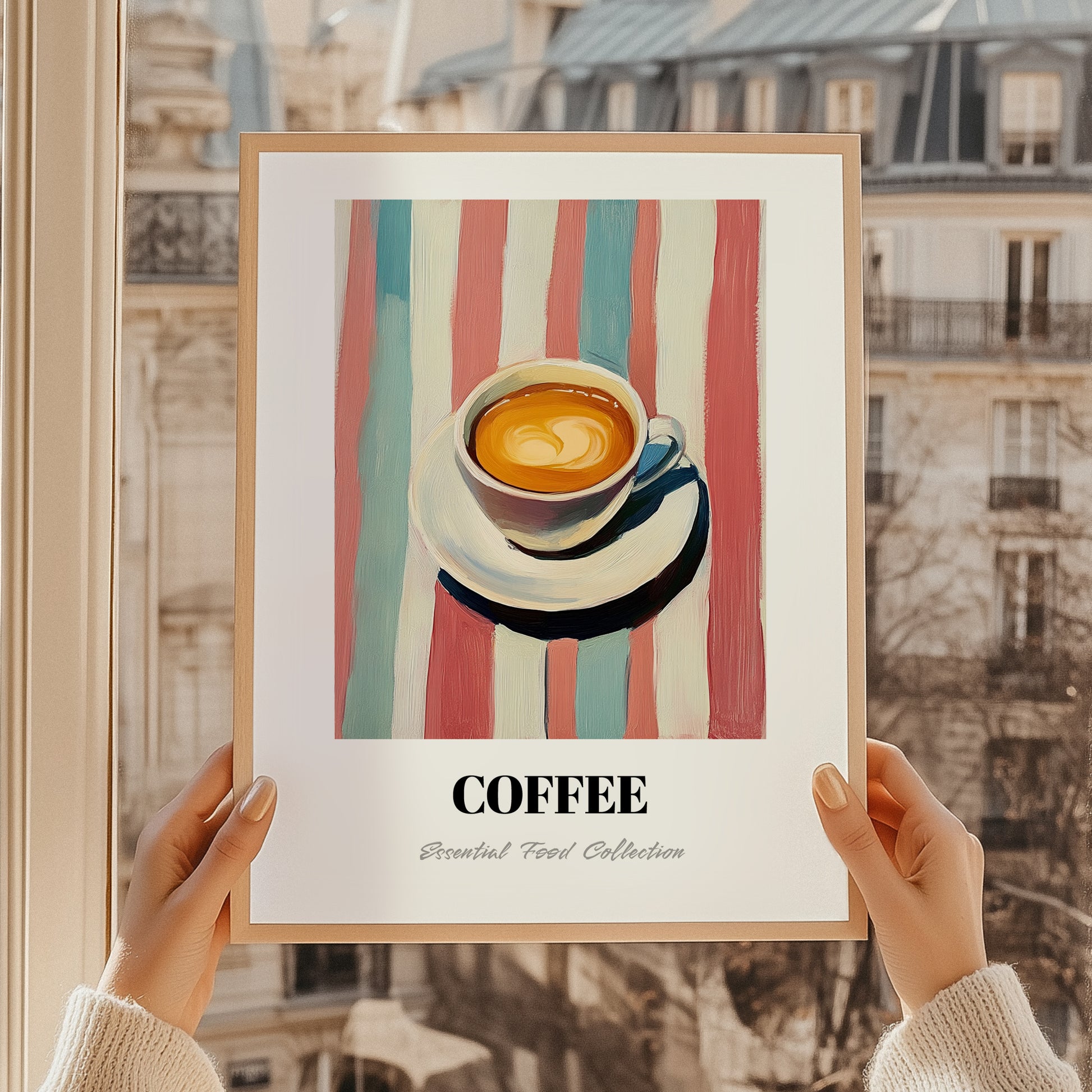 Coffee – on Striped Tablecloth, Italian Drink Still Life, styled in a charming Paris street view