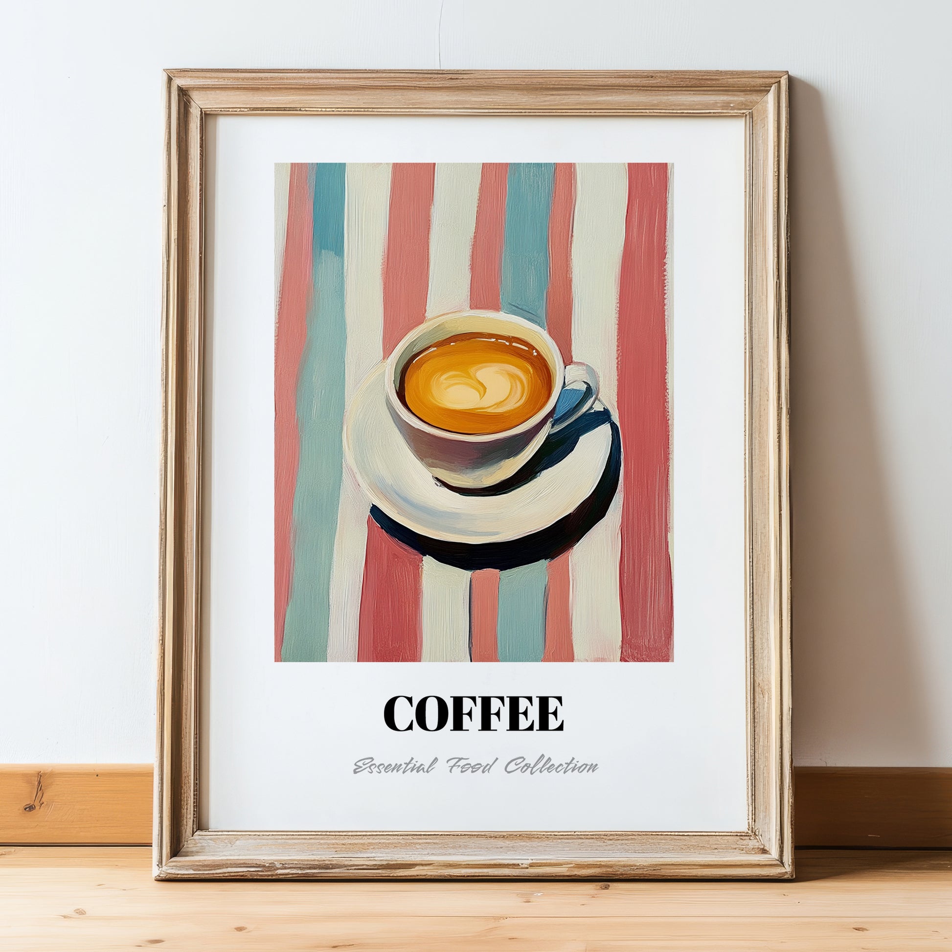 Coffee – on Striped Tablecloth, Italian Drink Still Life, in wooden frame leaning on the floor