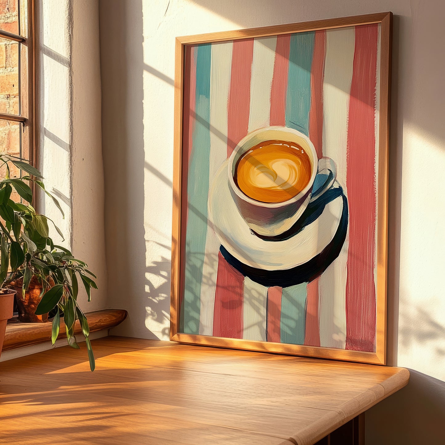 Coffee – on Striped Tablecloth, Italian Drink Still Life, clean layout with no caption
