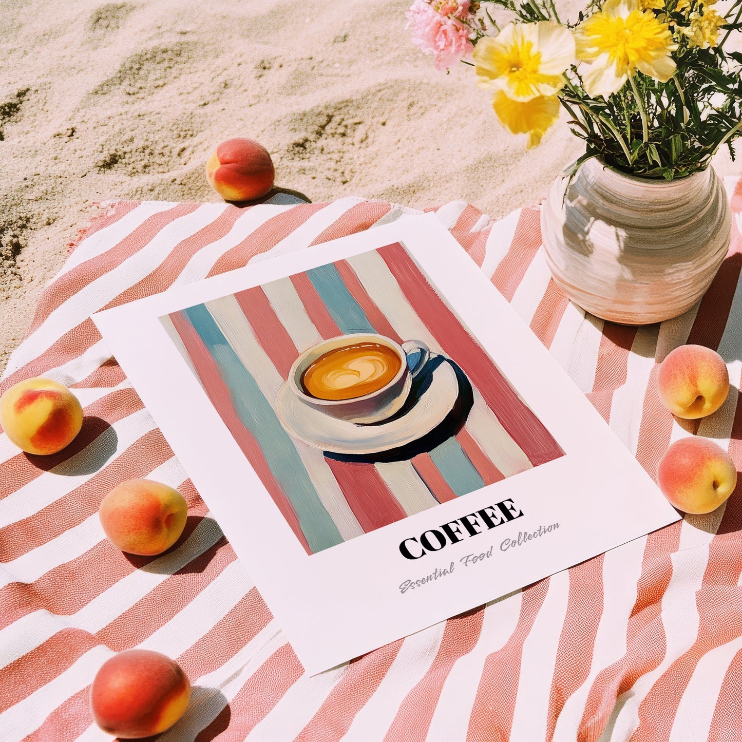 Coffee – on Striped Tablecloth, Italian Drink Still Life, unframed on coastal sand
