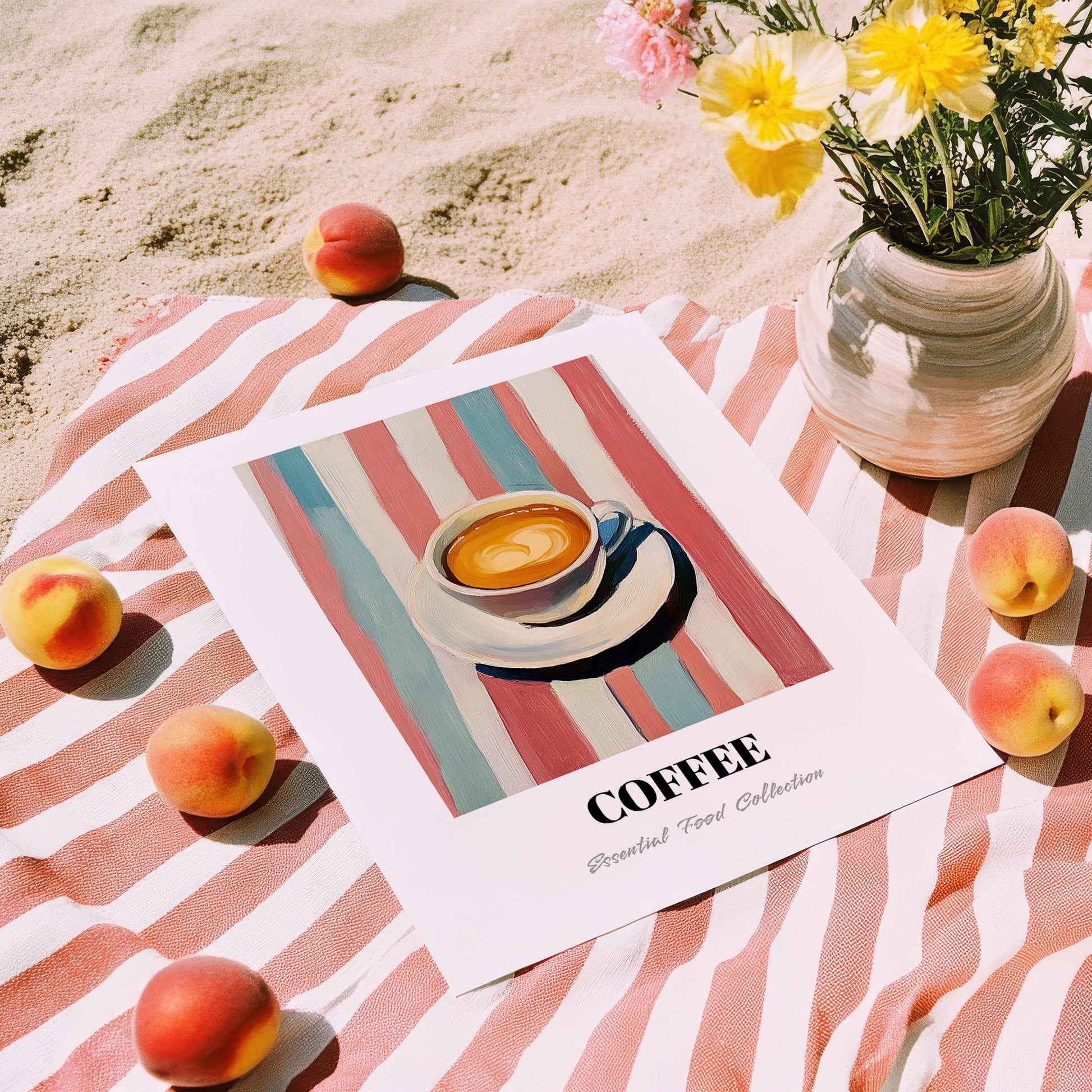 Coffee – on Striped Tablecloth, Italian Drink Still Life, unframed on coastal sand