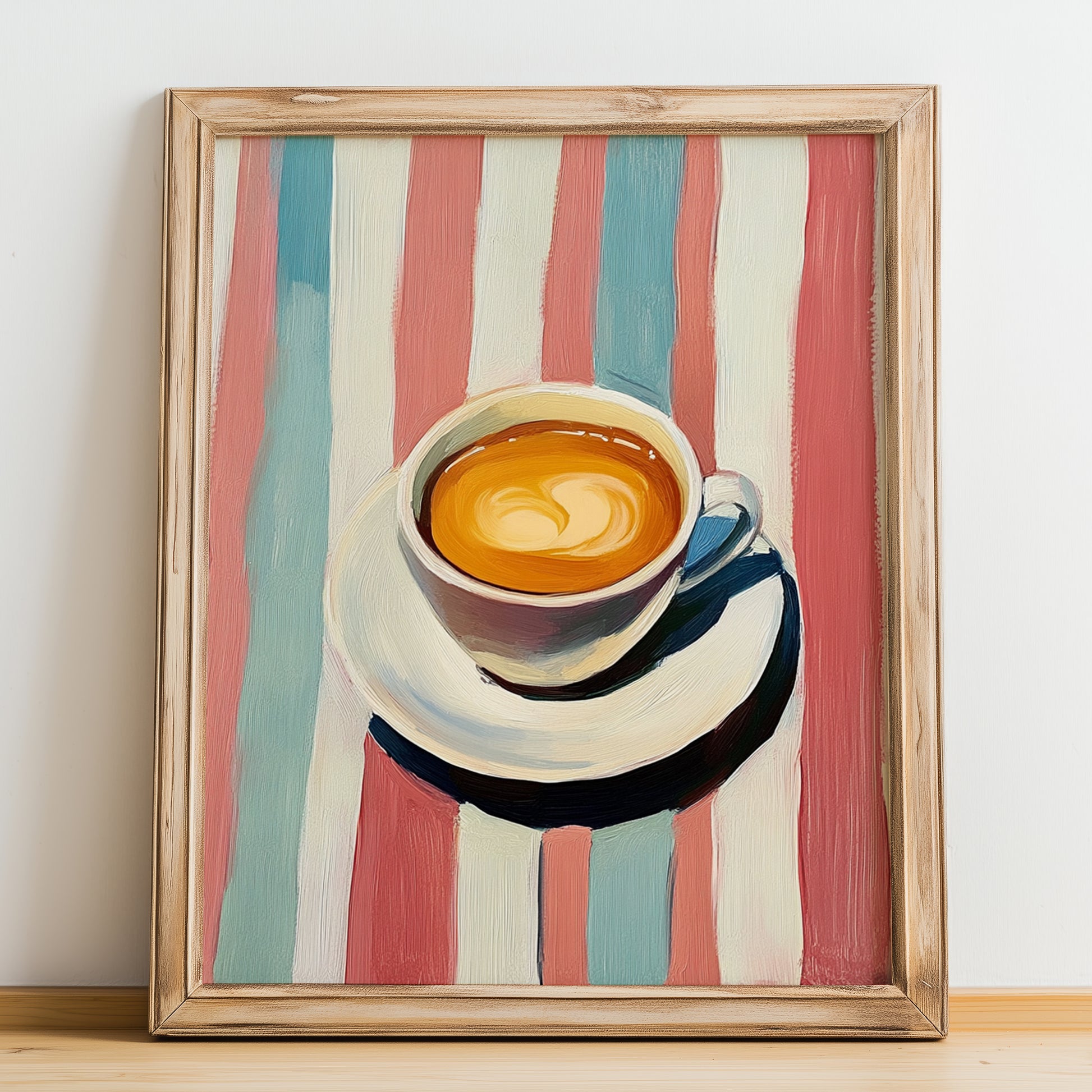 Coffee – on Striped Tablecloth, Italian Drink Still Life, no-text version framed in wood