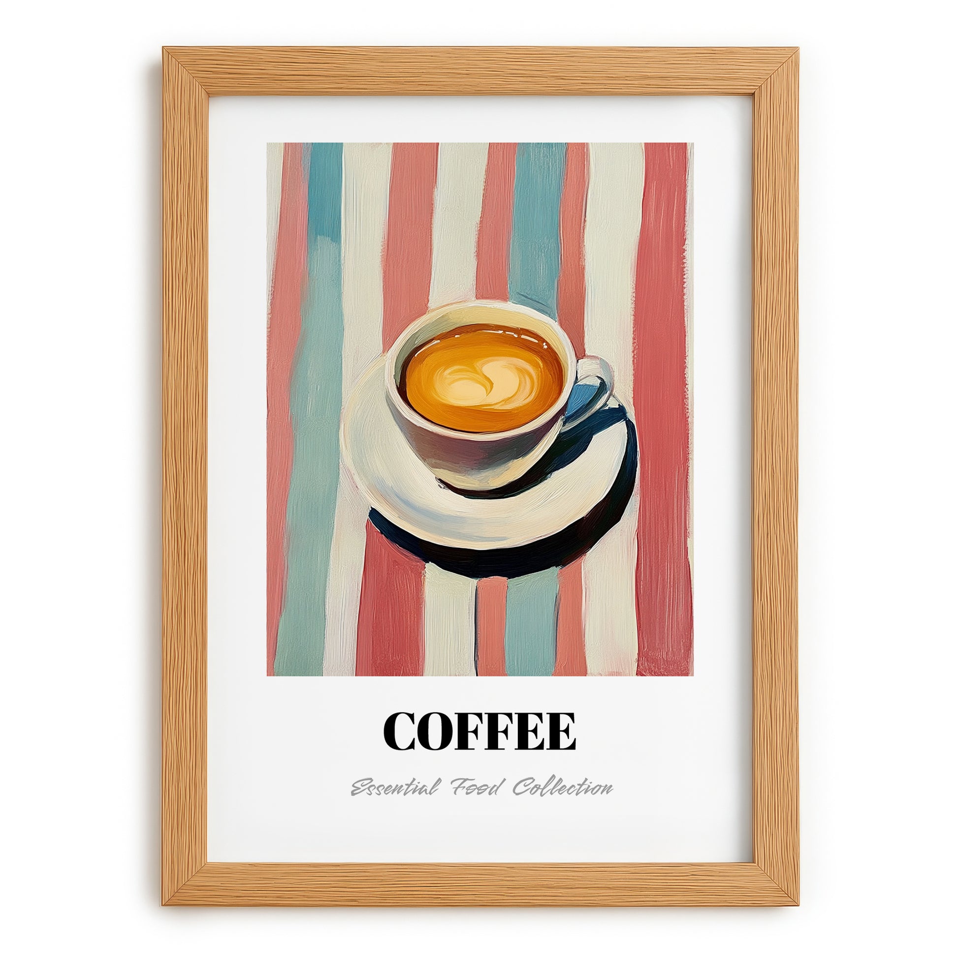 Coffee – on Striped Tablecloth, Italian Drink Still Life, set in oak frame