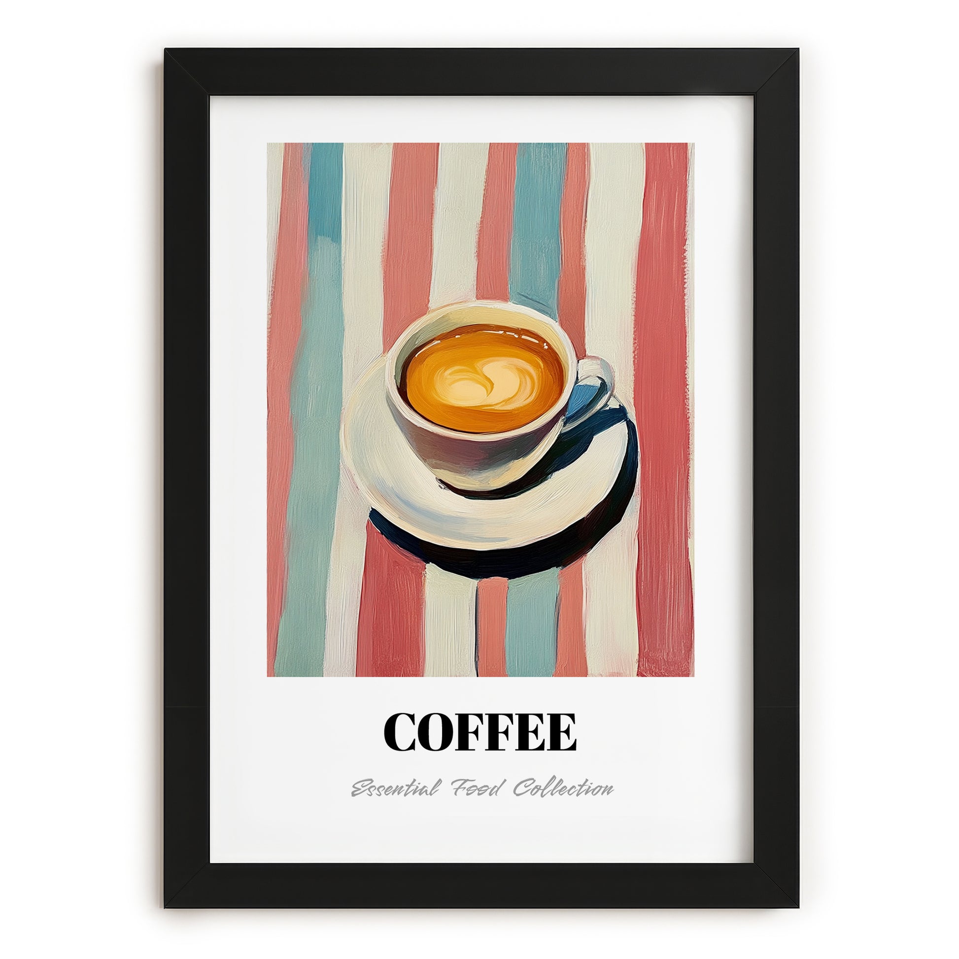 Coffee – on Striped Tablecloth, Italian Drink Still Life, in sleek black frame