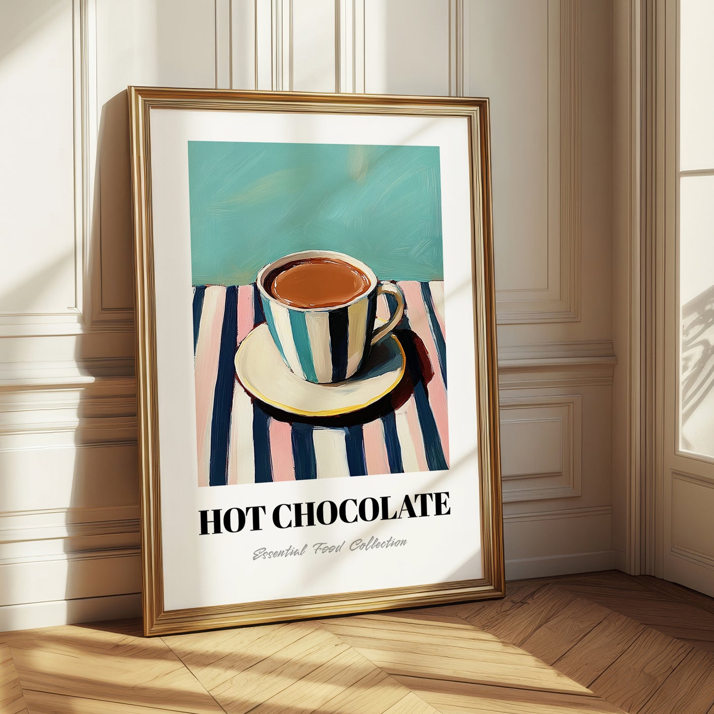 Hot Chocolate – on Striped Tablecloth, Swiss Drink Still Life 
