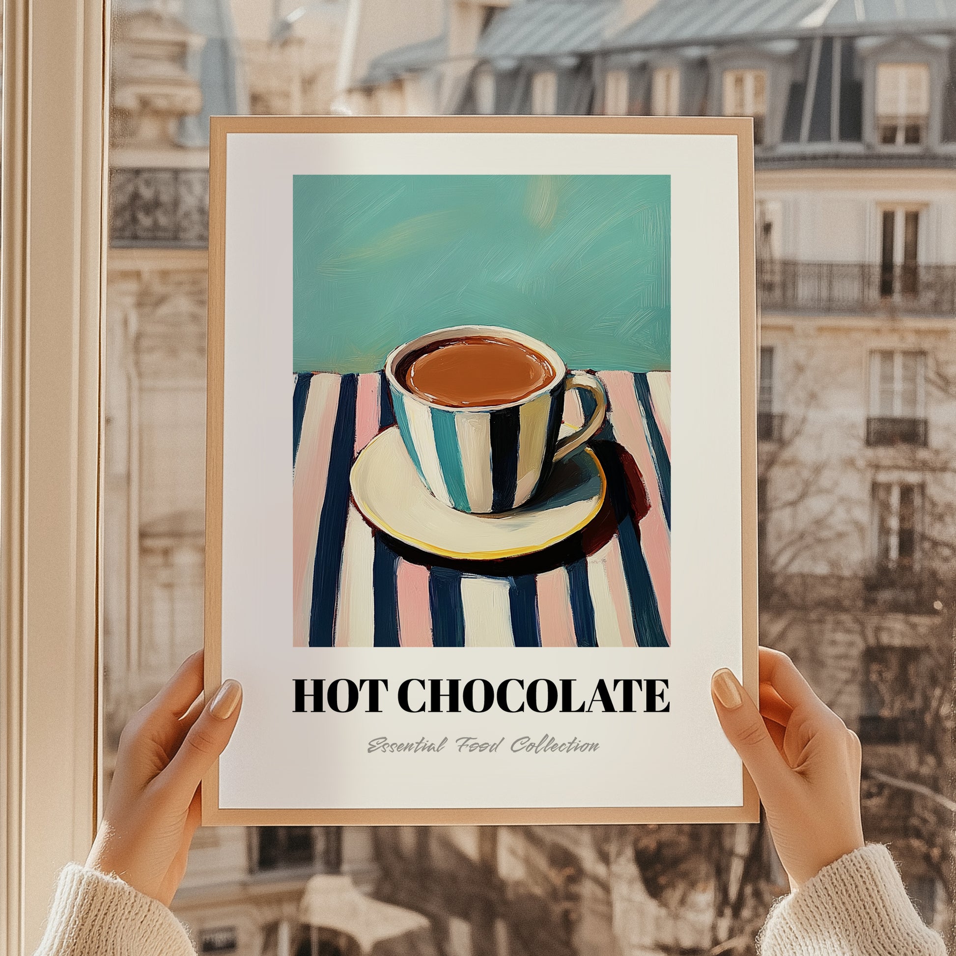 Hot Chocolate – on Striped Tablecloth, Swiss Drink Still Life, styled in a charming Paris street view