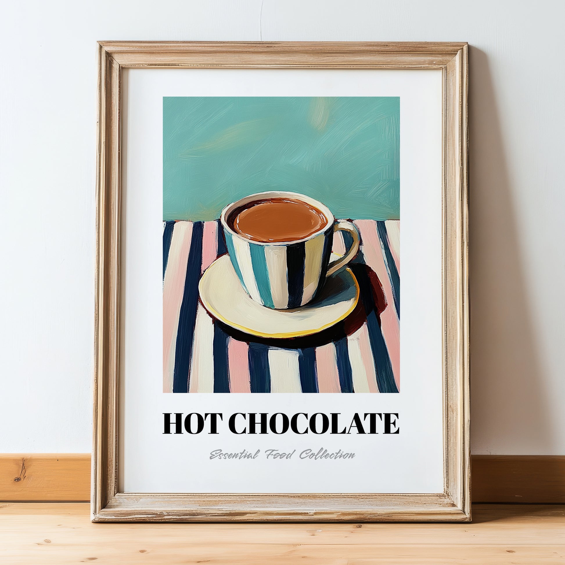 Hot Chocolate – on Striped Tablecloth, Swiss Drink Still Life, in wooden frame leaning on the floor