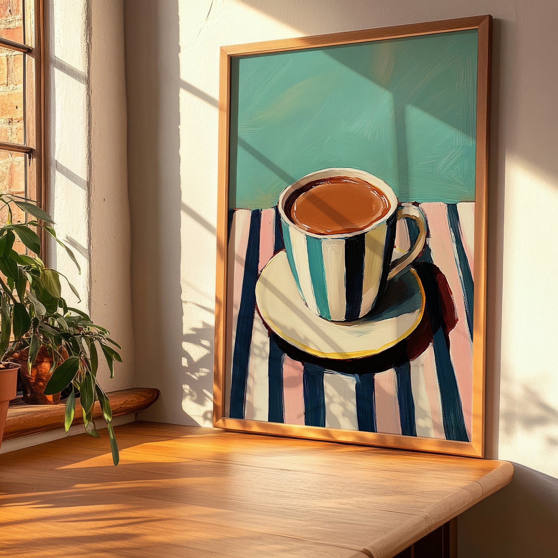 Hot Chocolate – on Striped Tablecloth, Swiss Drink Still Life, clean layout with no caption