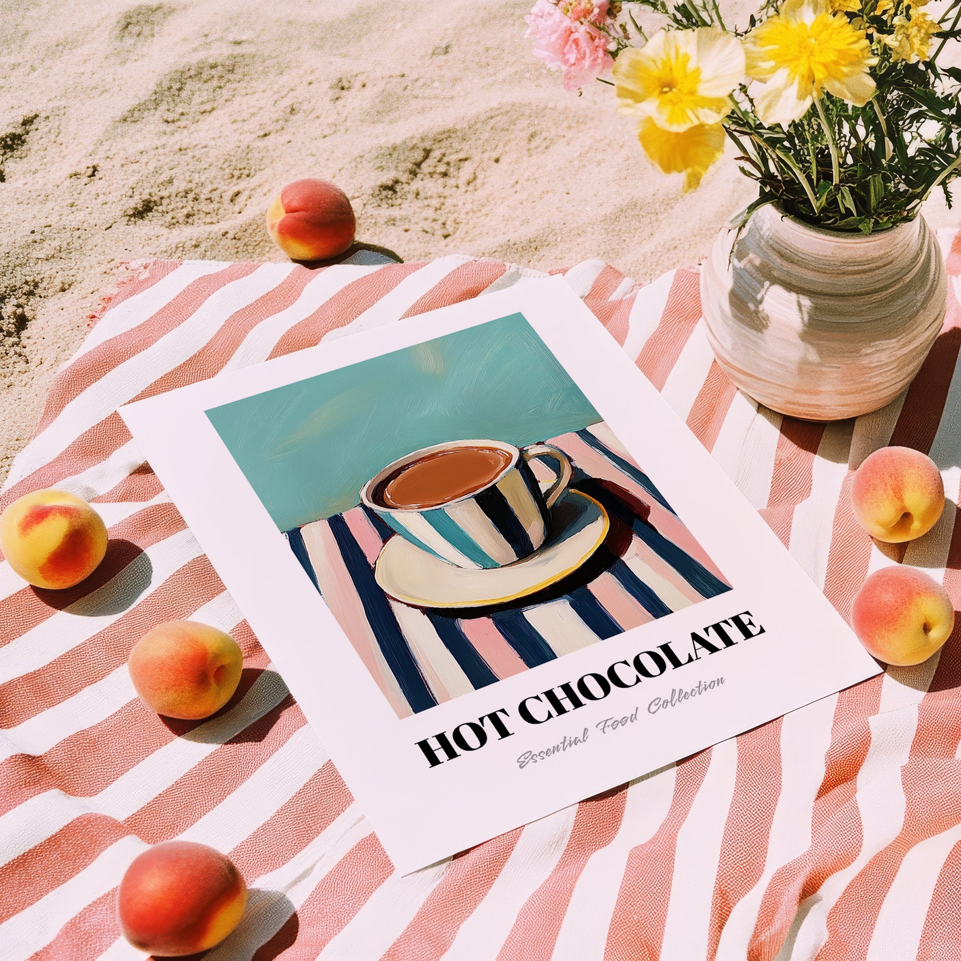 Hot Chocolate – on Striped Tablecloth, Swiss Drink Still Life, unframed on coastal sand