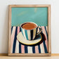 Hot Chocolate – on Striped Tablecloth, Swiss Drink Still Life, no-text version framed in wood