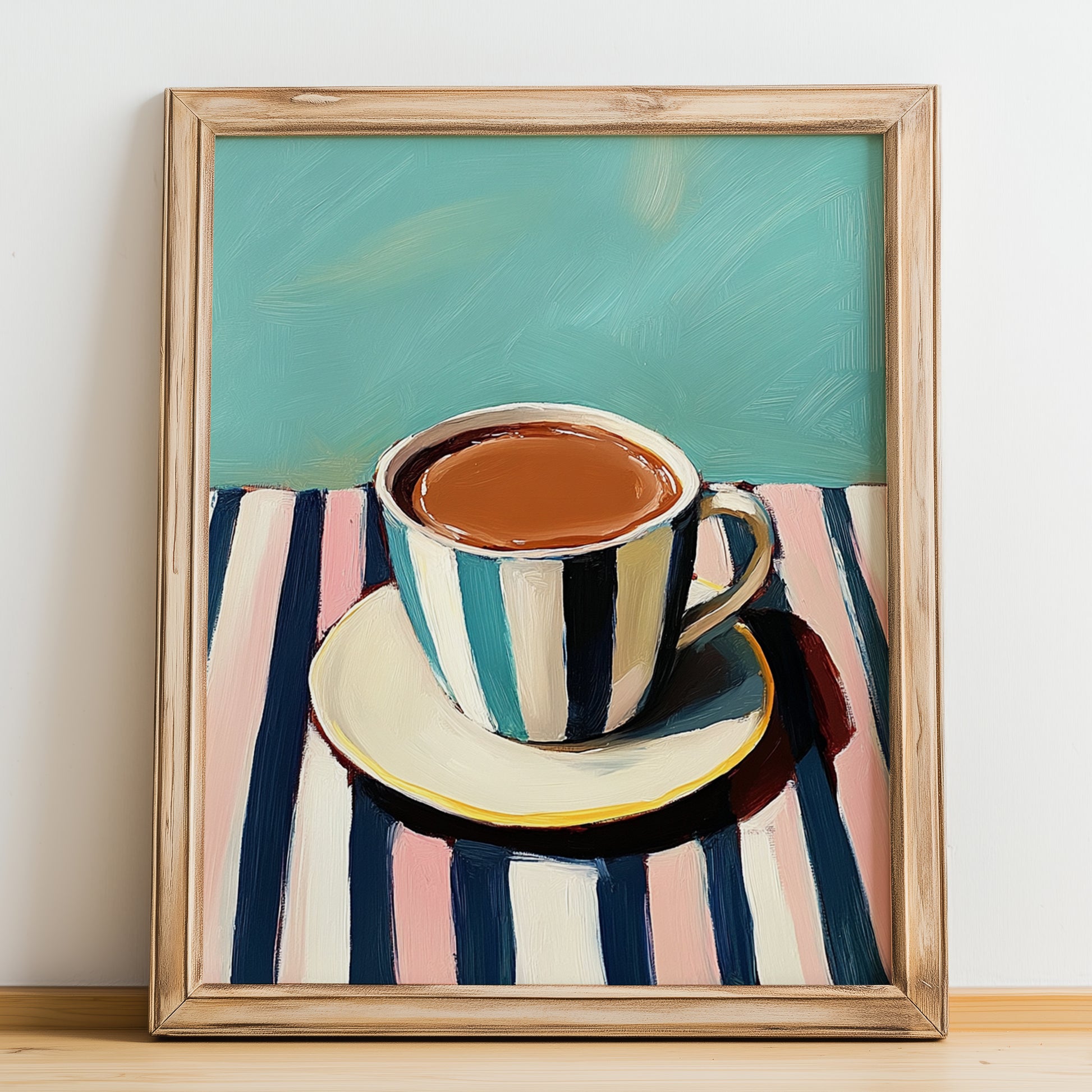 Hot Chocolate – on Striped Tablecloth, Swiss Drink Still Life, no-text version framed in wood