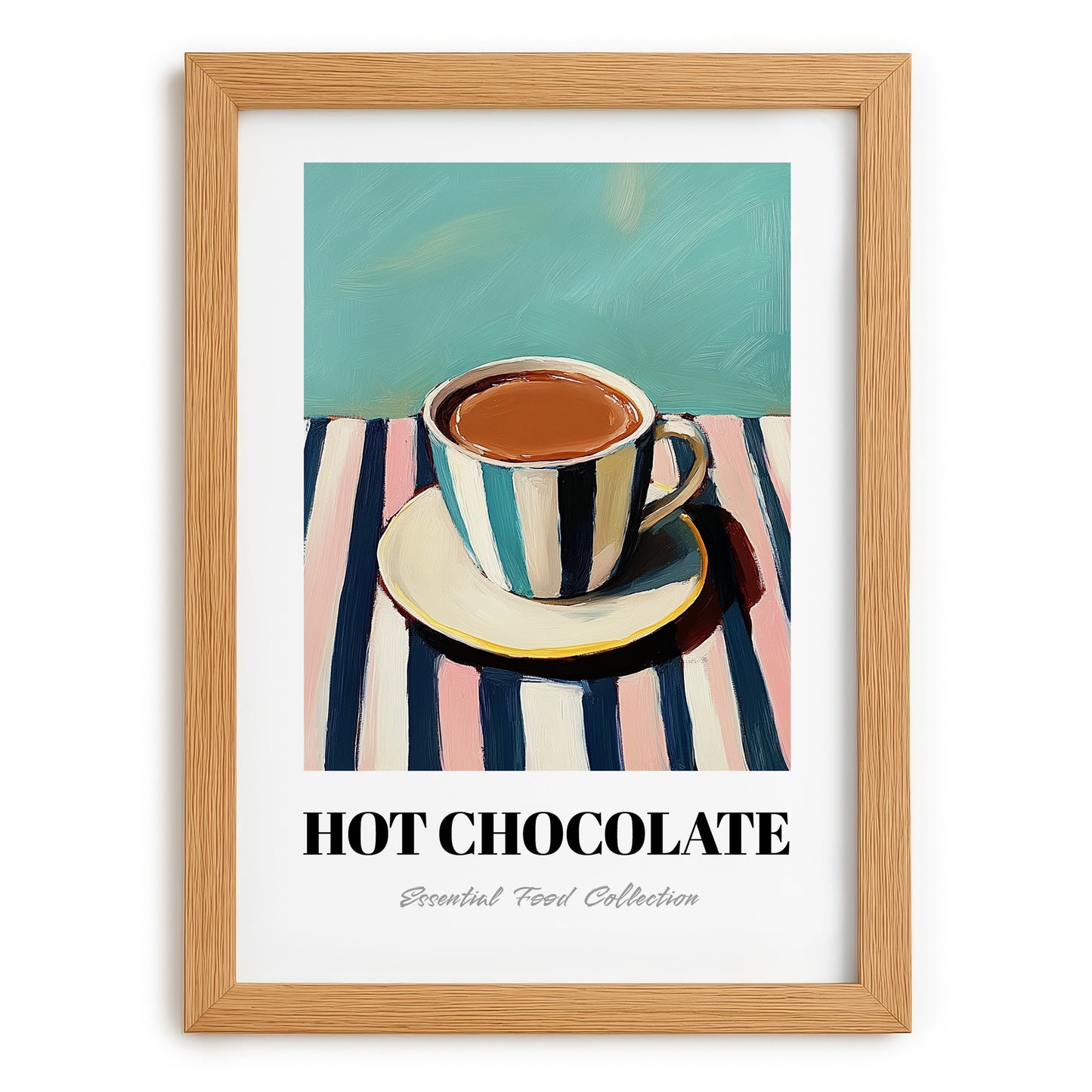Hot Chocolate – on Striped Tablecloth, Swiss Drink Still Life, set in oak frame