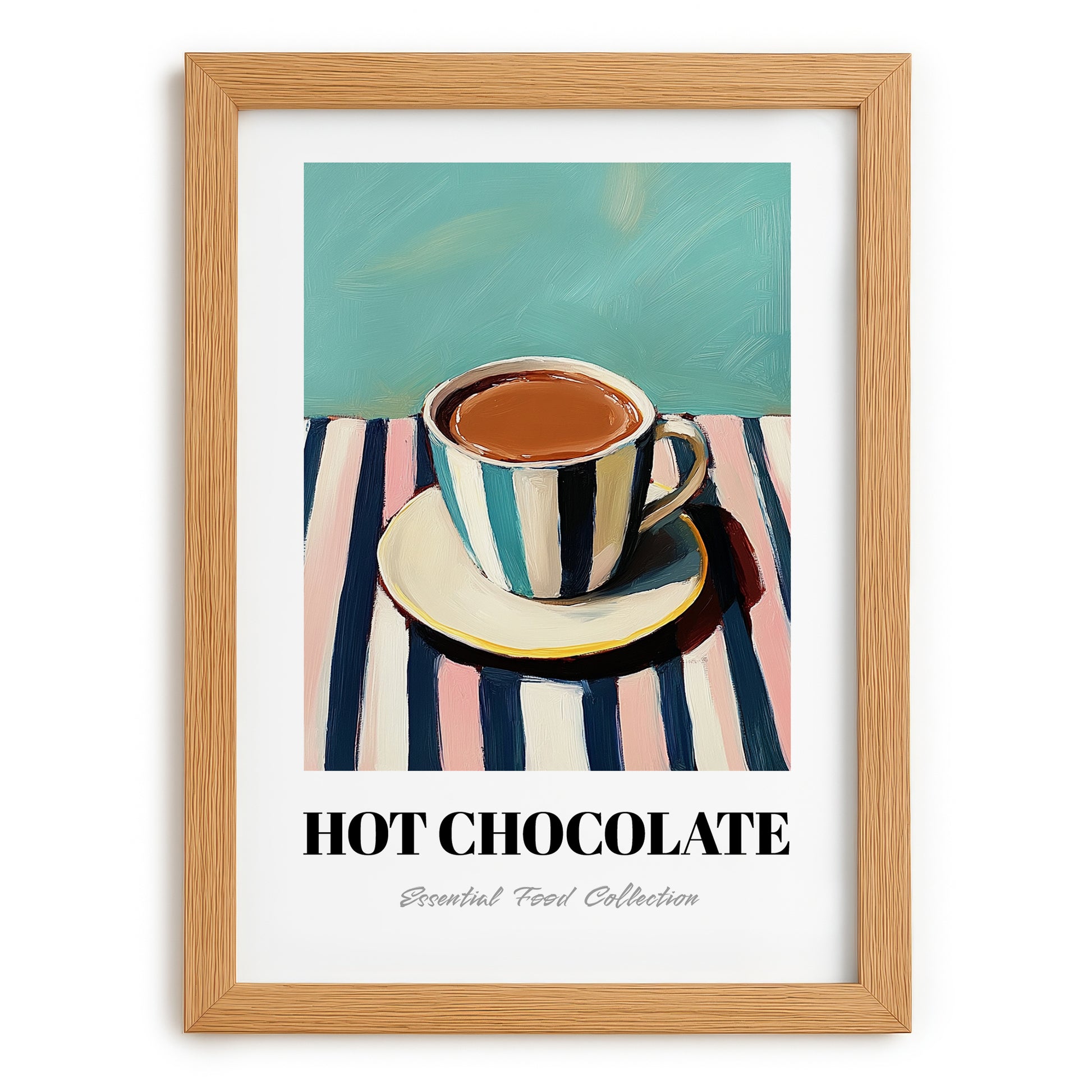 Hot Chocolate – on Striped Tablecloth, Swiss Drink Still Life, set in oak frame