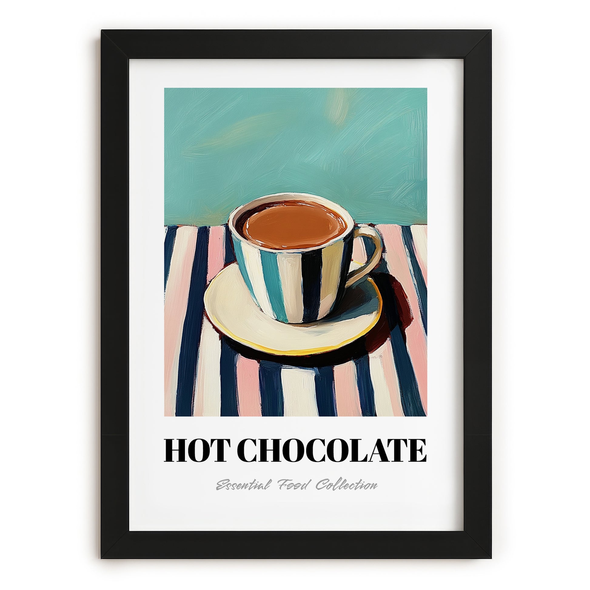 Hot Chocolate – on Striped Tablecloth, Swiss Drink Still Life, in sleek black frame