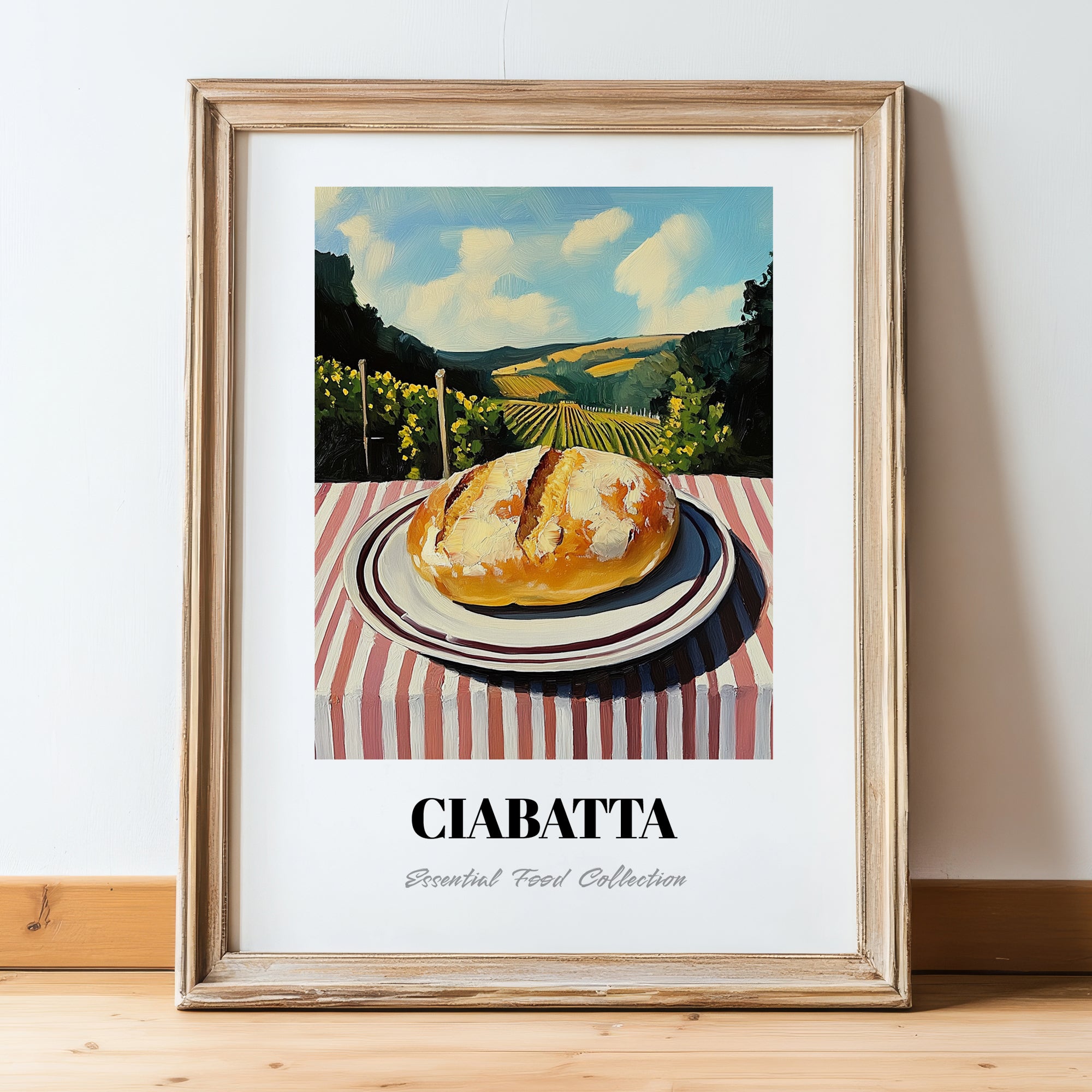Ciabatta – Hilltop Café Scene, Italian Pastry Illustration, in wooden frame leaning on the floor