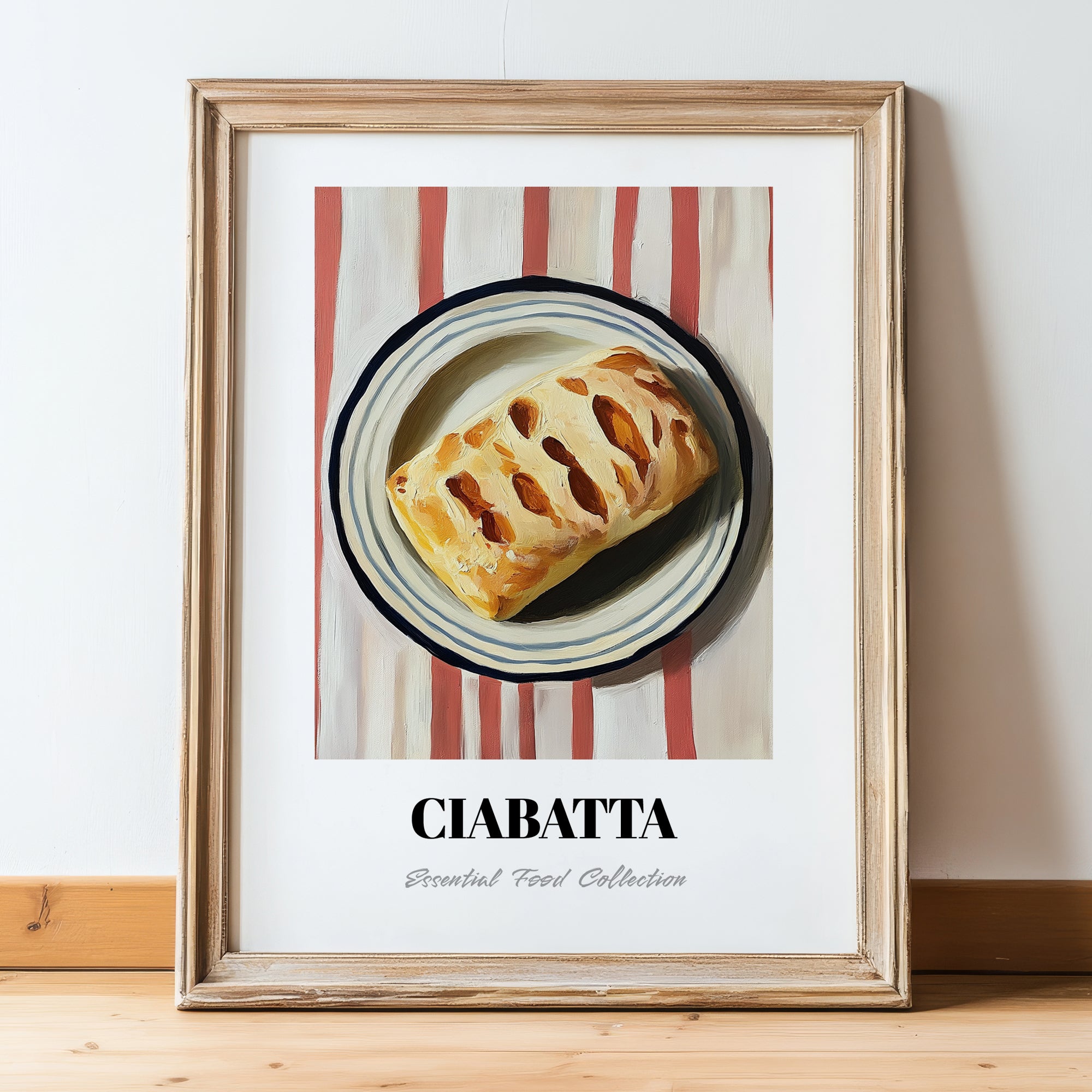Ciabatta – on Striped Tablecloth, Italian Pastry Painting, in wooden frame leaning on the floor