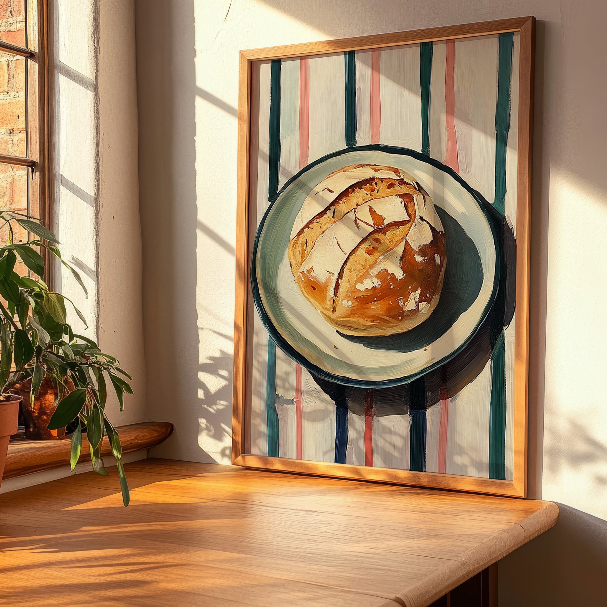 Sourdough – on Striped Tablecloth, American Food Still Life, clean layout with no caption