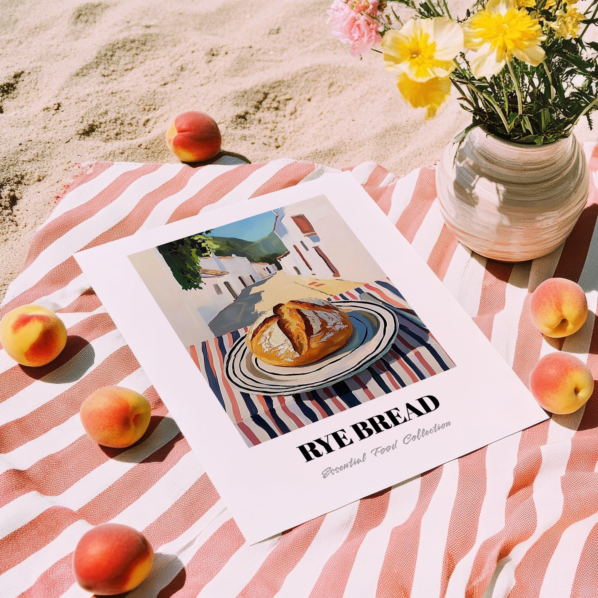 Rye Bread – White village Urban Café Scene, German Food Poster, unframed on coastal sand