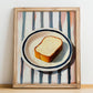 White Bread – on Striped Tablecloth, American Food Print, no-text version framed in wood