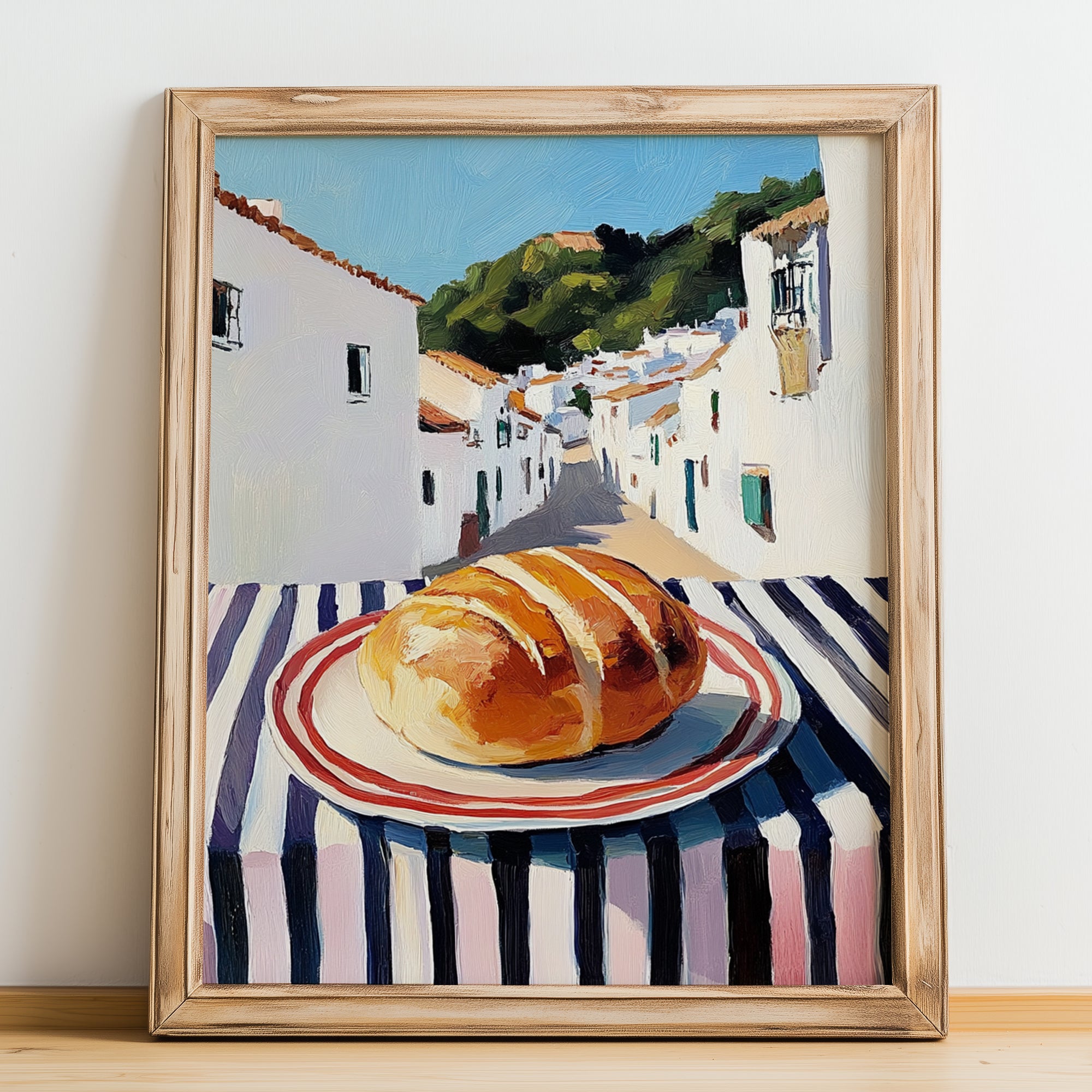 White Bread – White village Street Café Scene, American Food Print, no-text version framed in wood