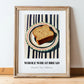 Whole Wheat Bread – on Striped Tablecloth, American Food Wall Art, in wooden frame leaning on the floor