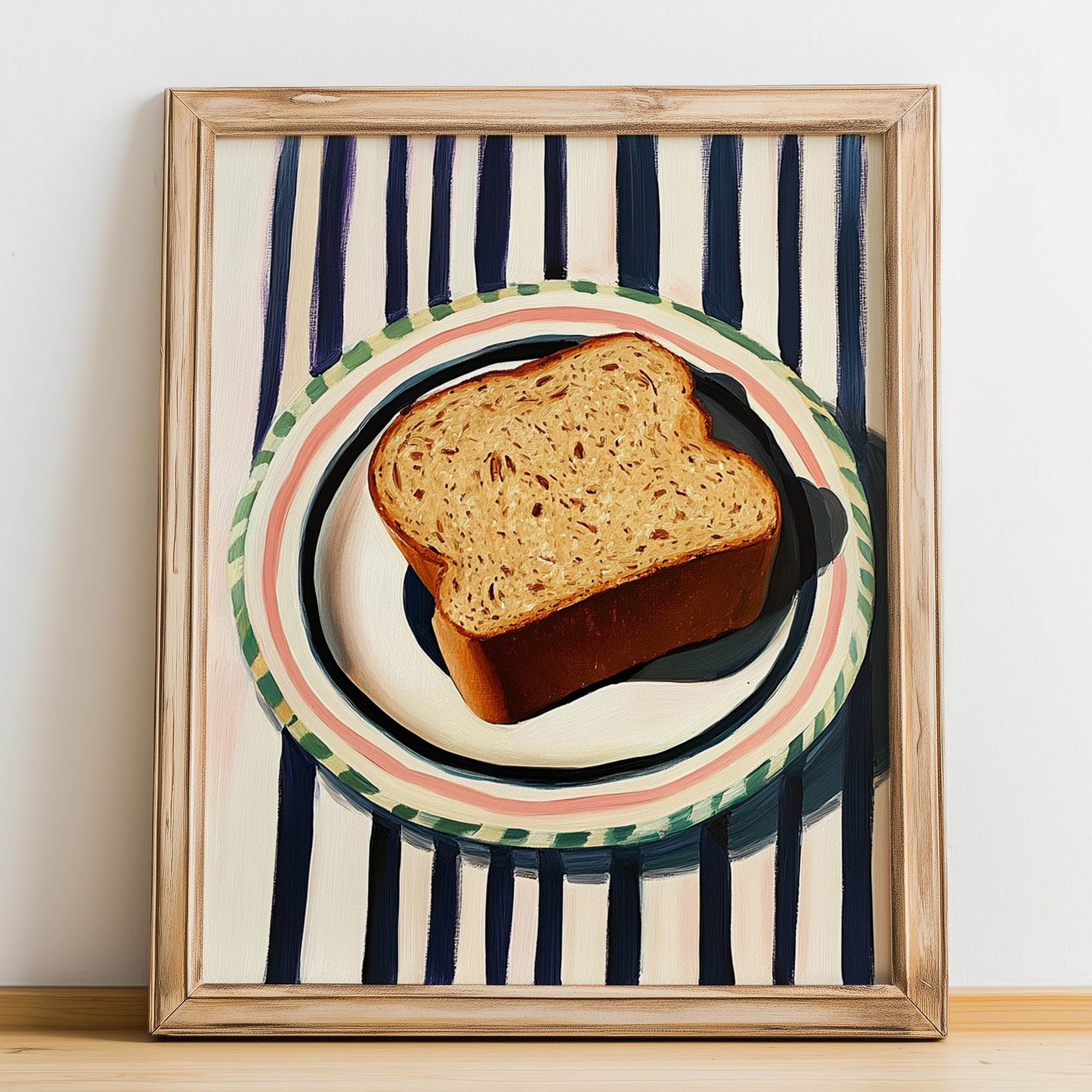 Whole Wheat Bread – on Striped Tablecloth, American Food Wall Art, no-text version framed in wood