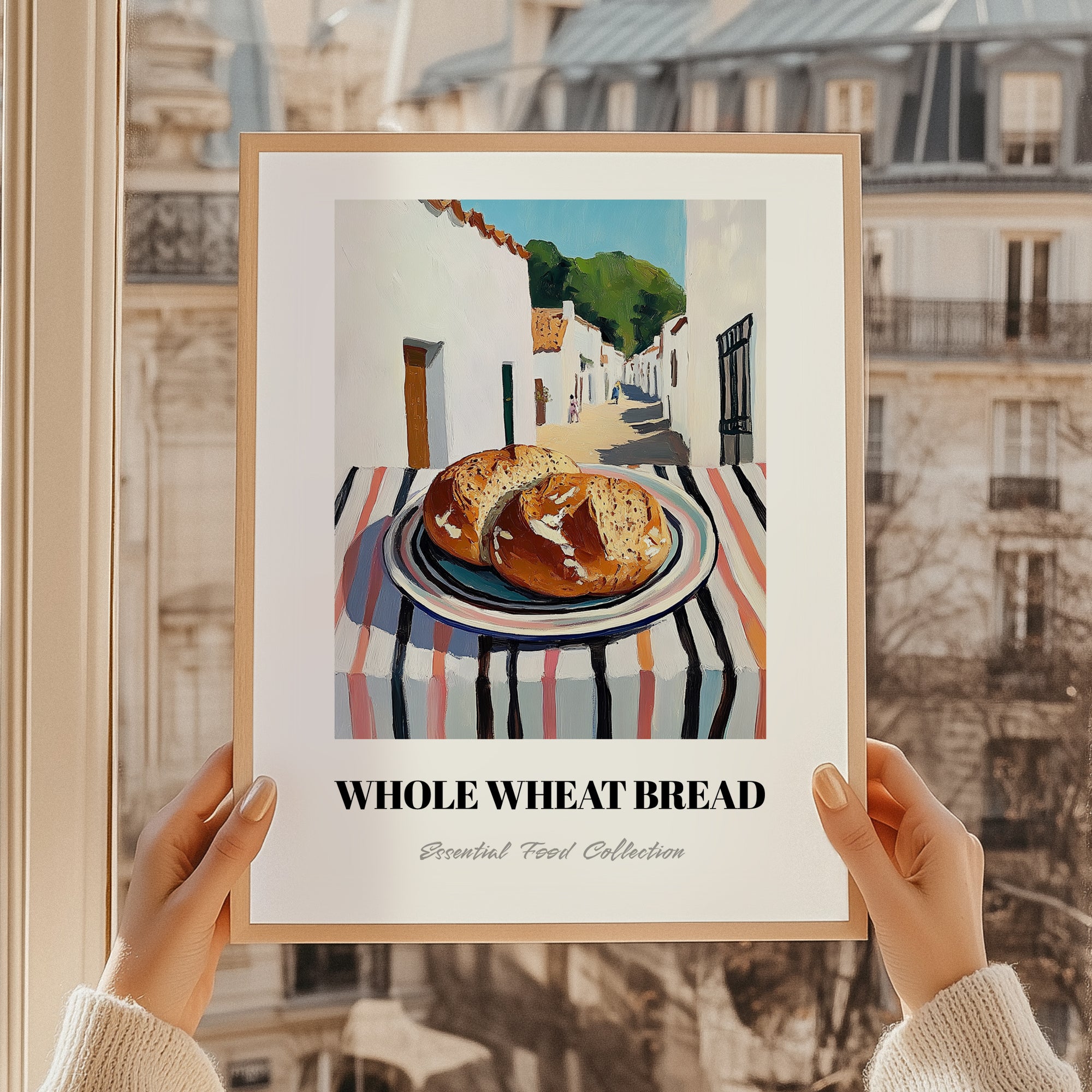Whole Wheat Bread – White village Street Café Scene, American Food Wall Decor, styled in a charming Paris street view