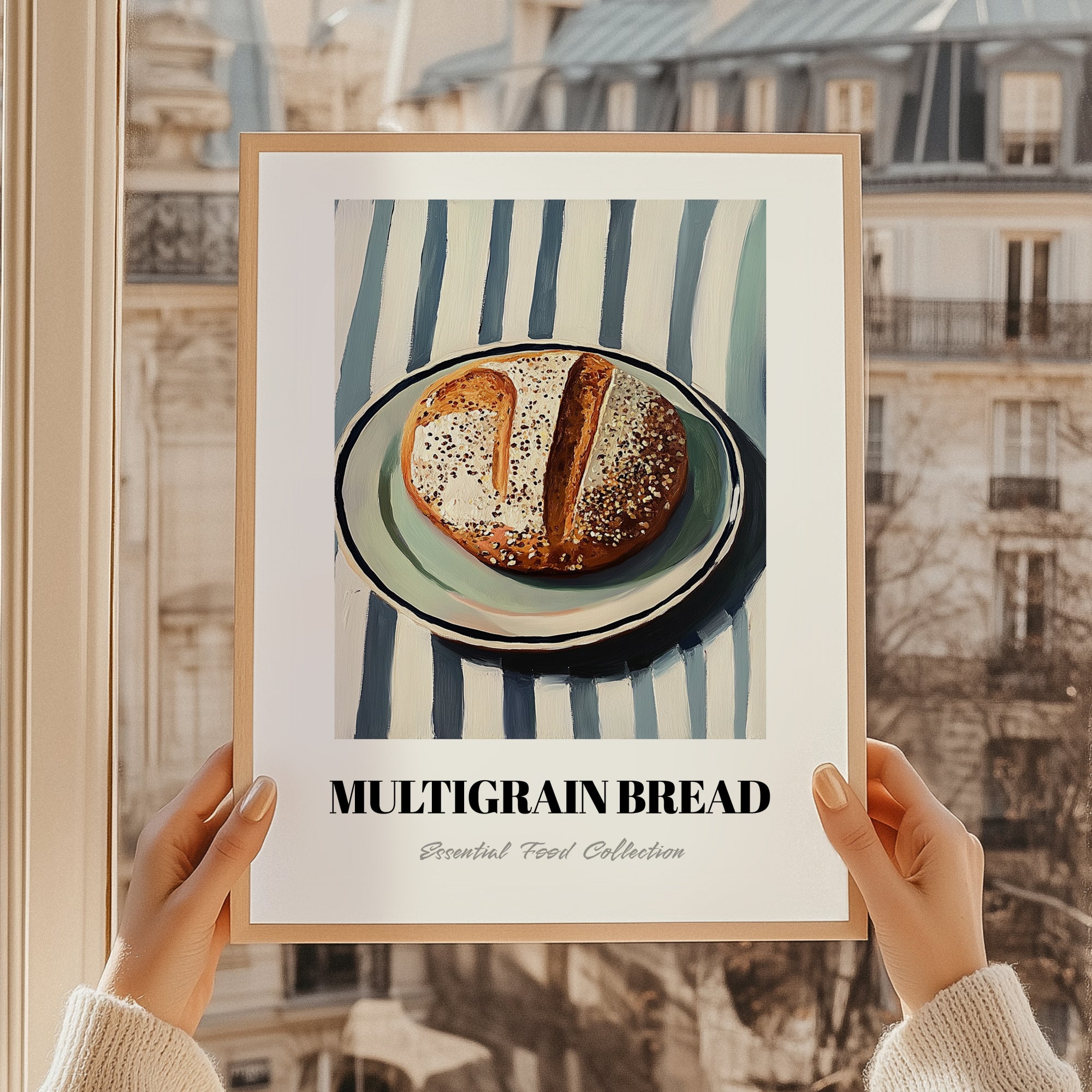Multigrain Bread – on Striped Tablecloth, American Food Poster, styled in a charming Paris street view