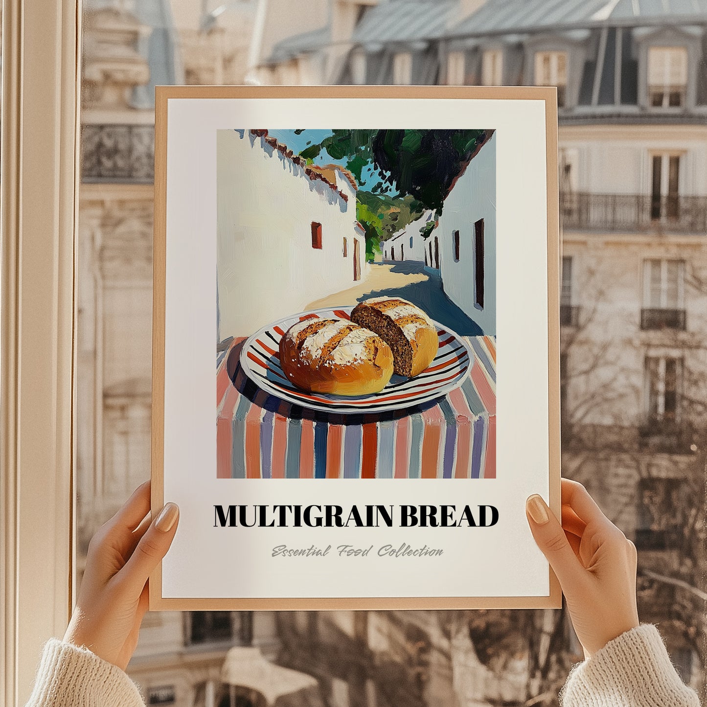 Multigrain Bread – White village Café on the Corner, American Food Still Life, styled in a charming Paris street view