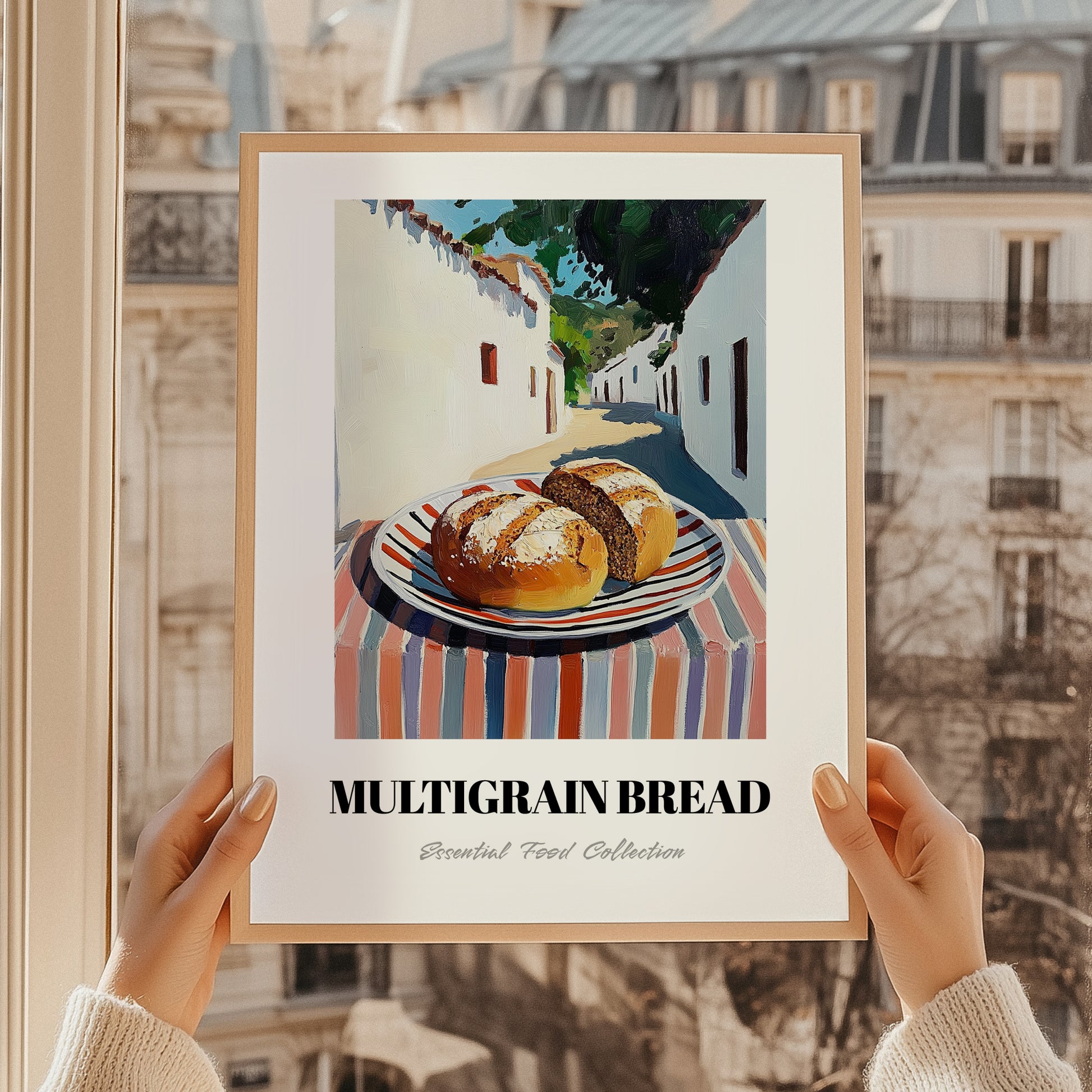 Multigrain Bread – White village Café on the Corner, American Food Still Life, styled in a charming Paris street view