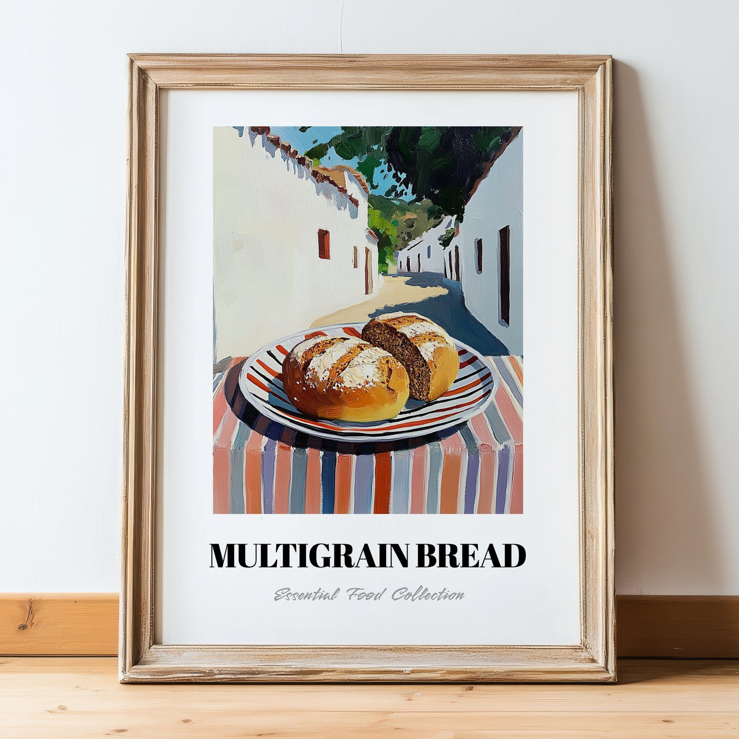 Multigrain Bread – White village Café on the Corner, American Food Still Life, in wooden frame leaning on the floor